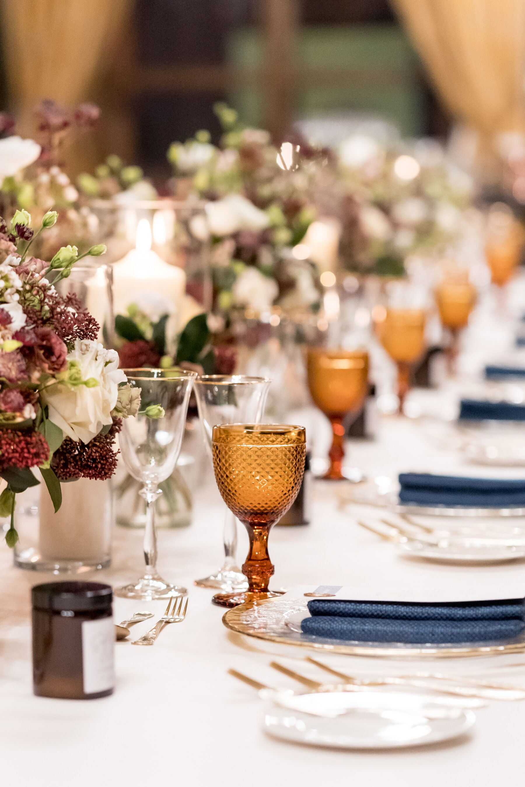 Glamorous Amber wine glasses, winter wedding table decor.