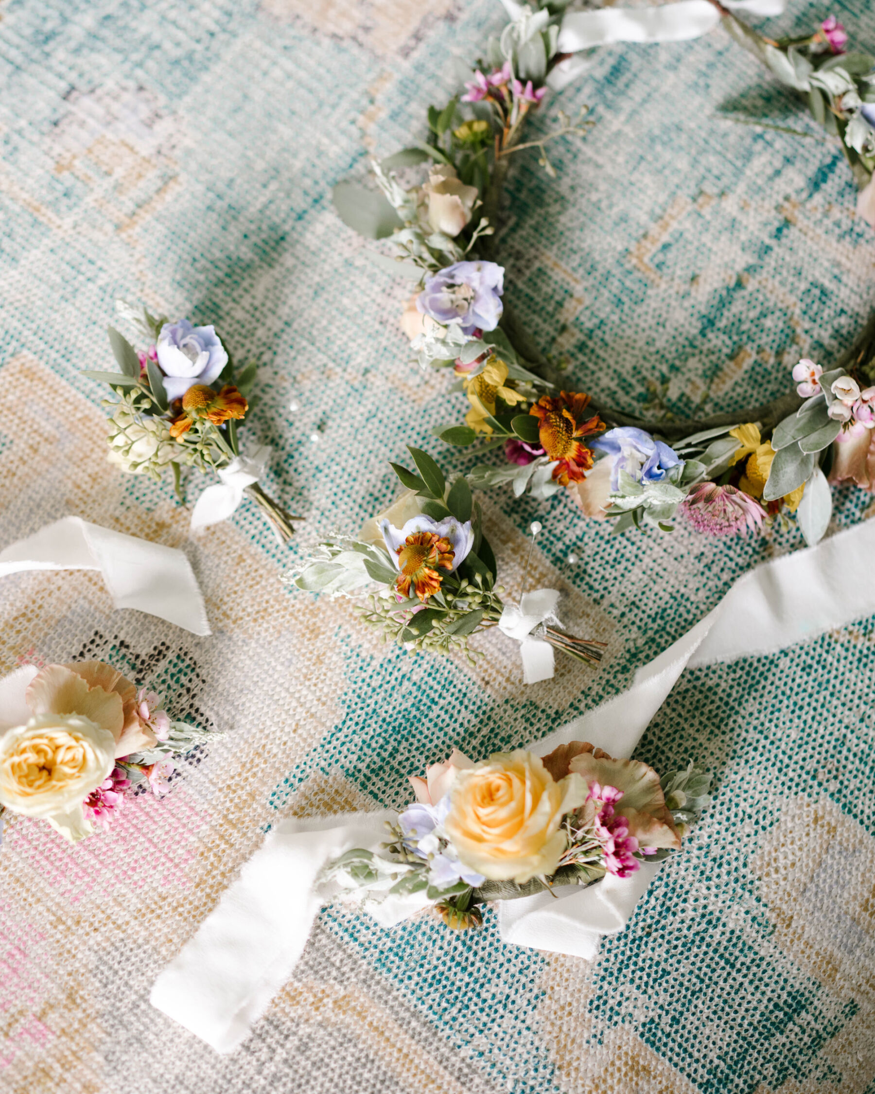 Colourful flower crown + buttonholes