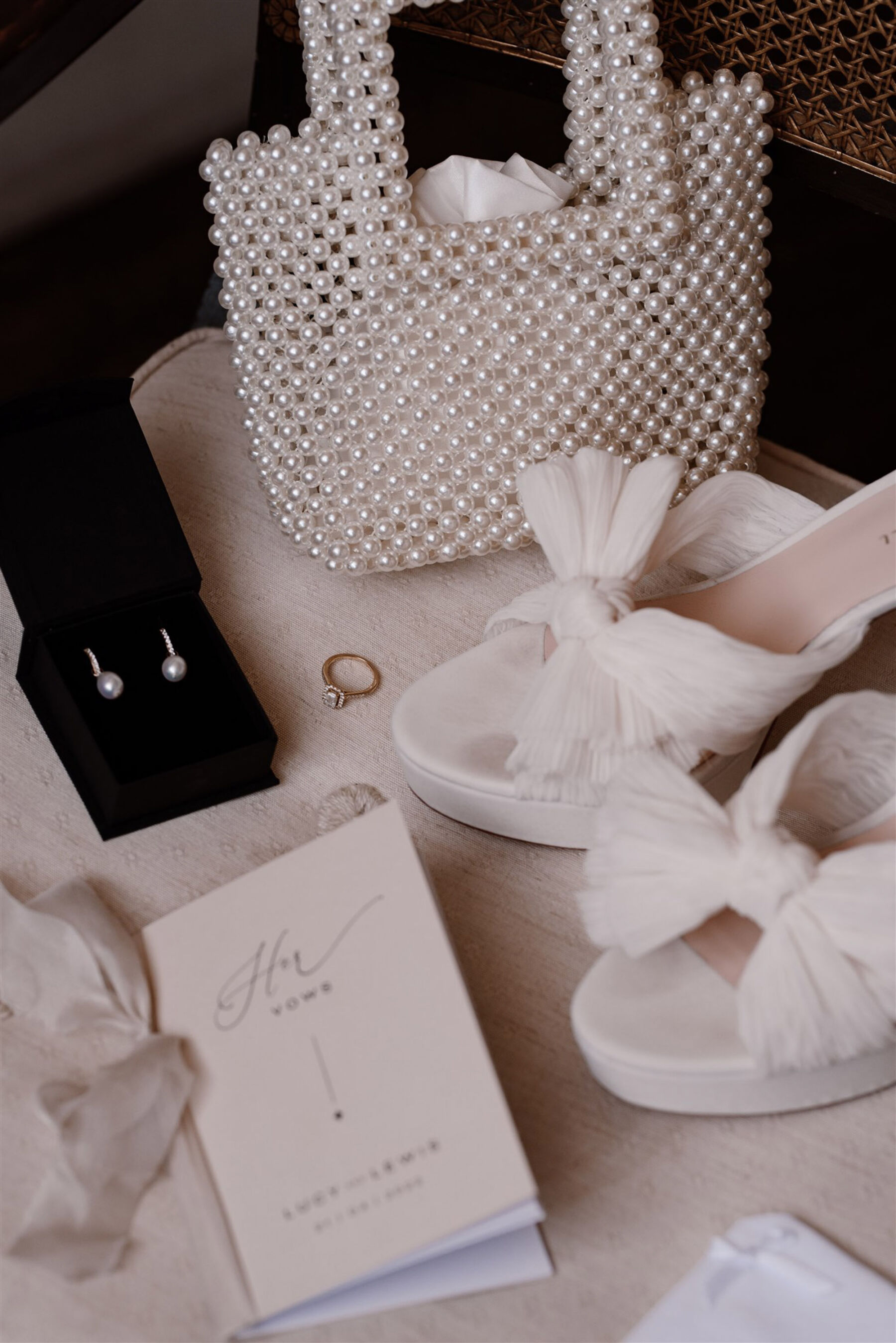 Loeffler Randall wedding shoes & pearl beaded bridal handbag