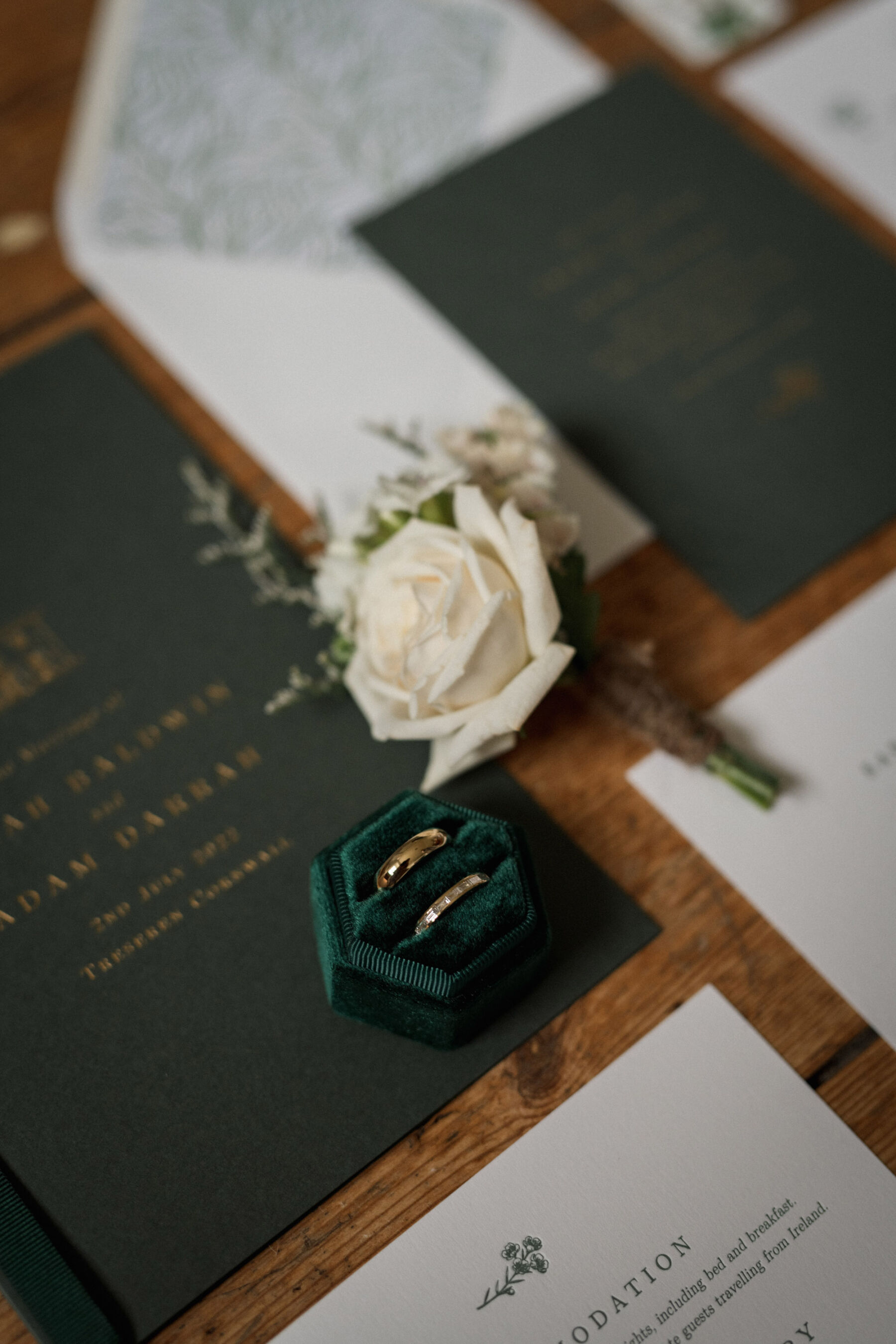 Green velvet ring box. Lyra & Moth Photography.