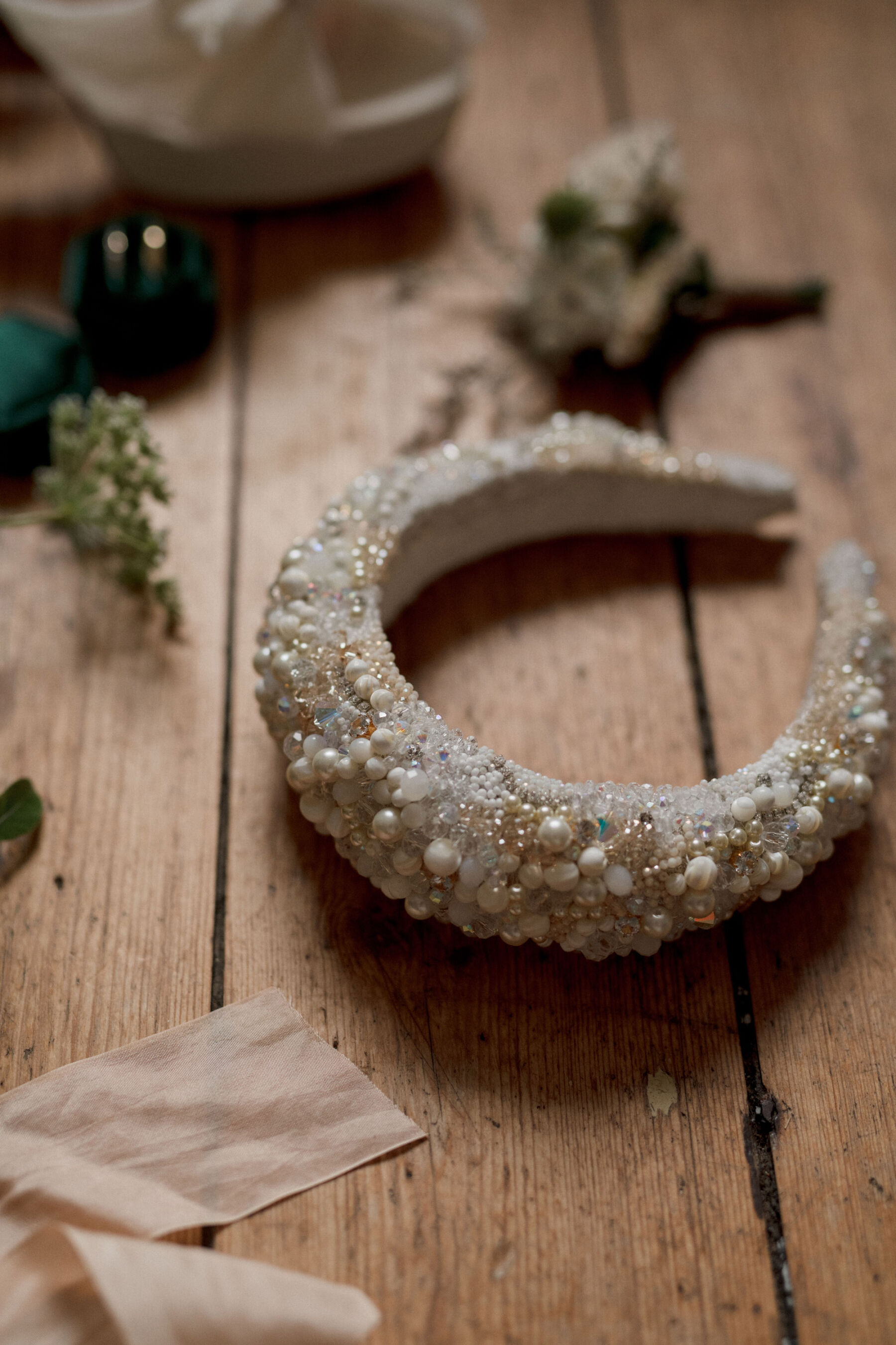 Beaded bridal headband. Lyra & Moth Photography.