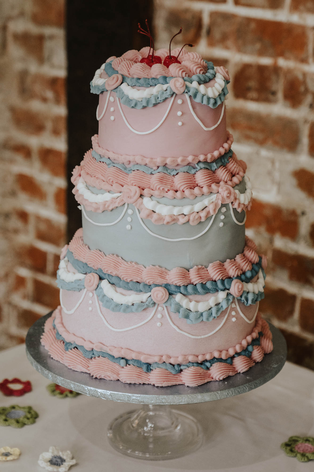 Lambeth wedding cake in pale pink and blue