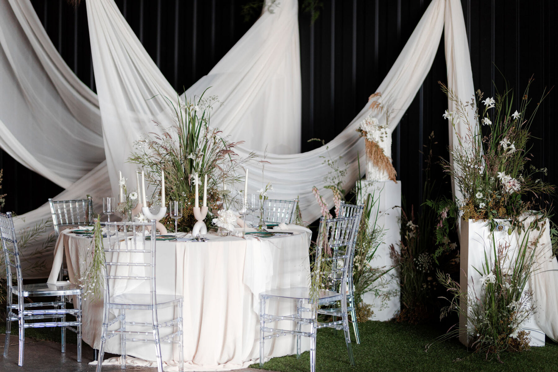 Modern wedding draping using silk fabrics.