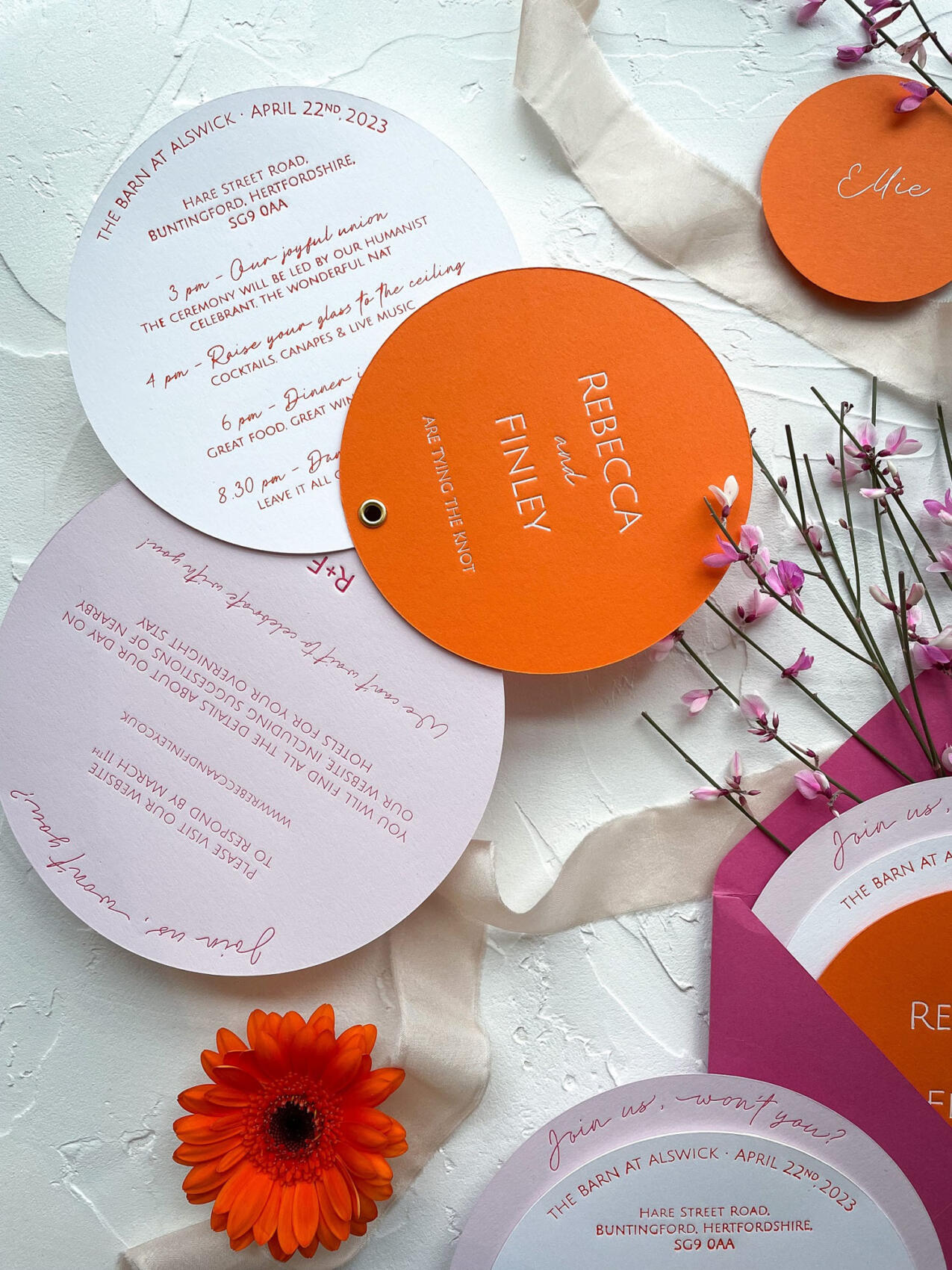 Bright orange and pink wedding stationery by Smitten With Ink - hot foil luxury wedding stationery
