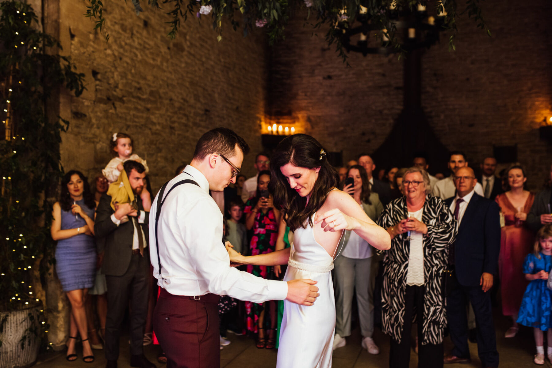Andrea Hawkes bride on the dance floor at Stone Barn, in The Cotswolds. Michelle Woods Photography.