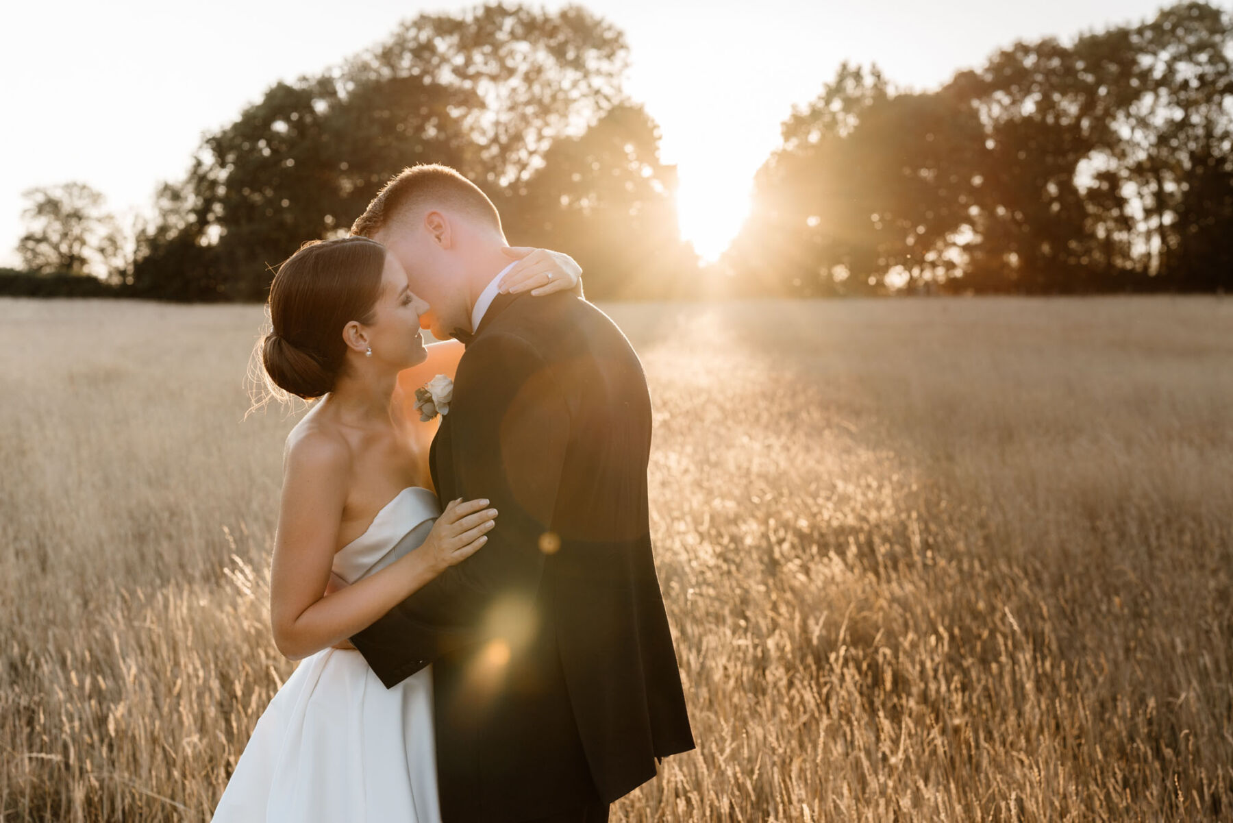 Elegant bride and groom at golden hour