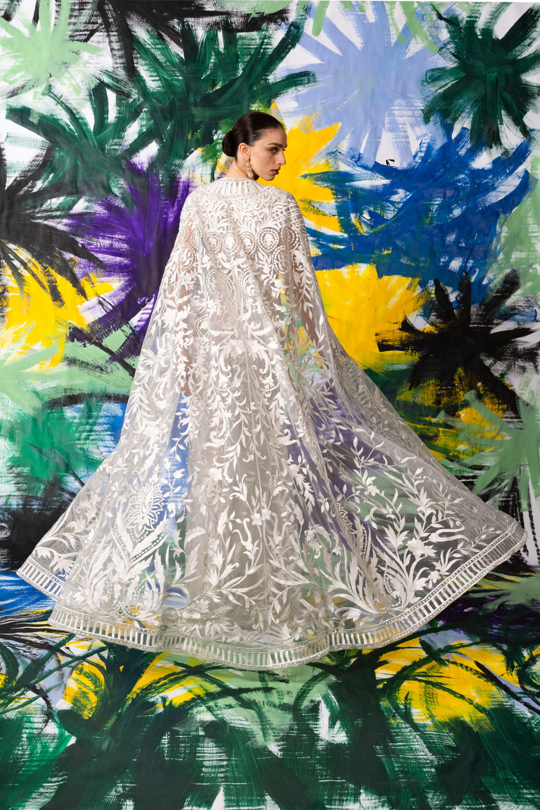 Naeem Khan wedding cape, available at Rachel Scott Couture, bridal boutique in Edinburgh.