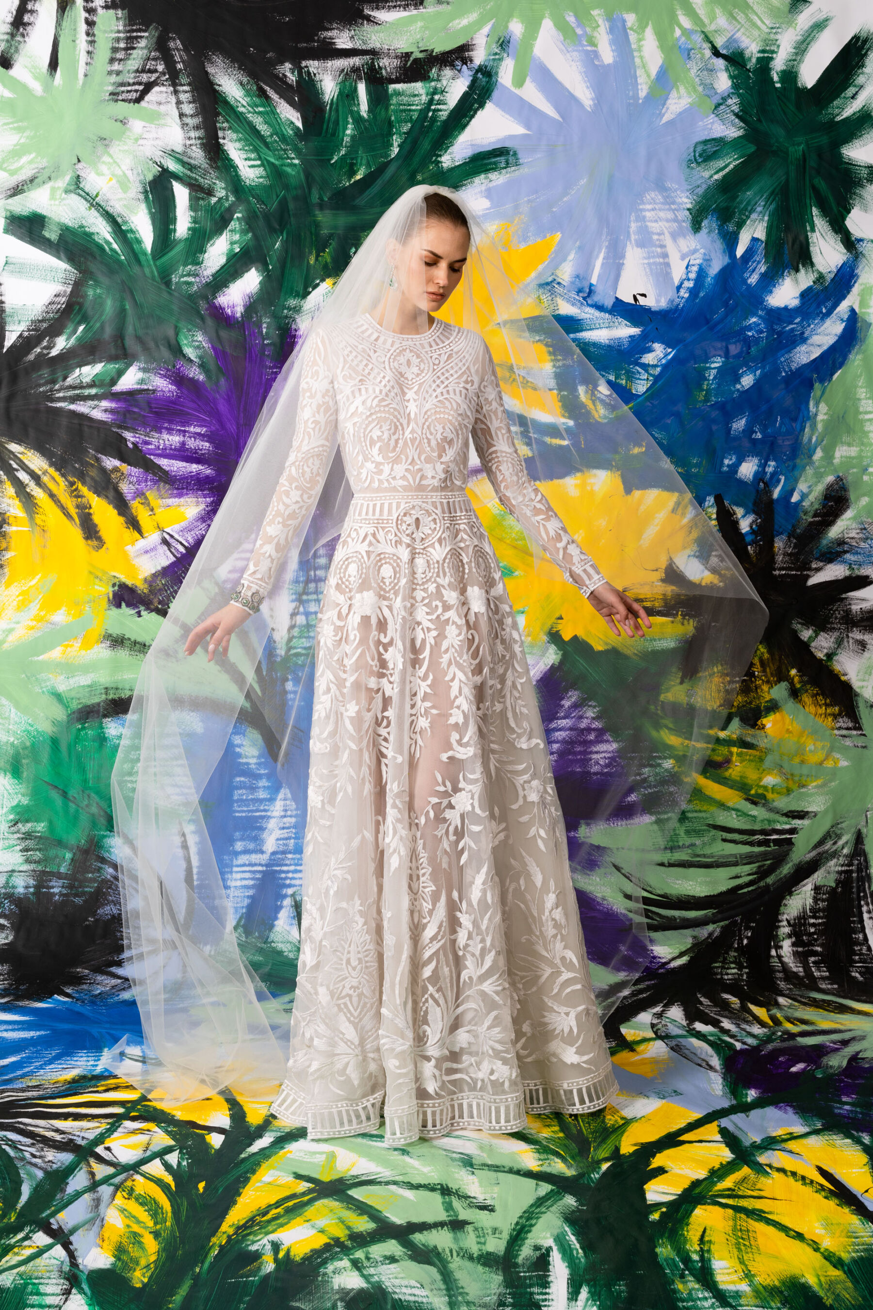 Naeem Khan lace wedding dress, available at Rachel Scott Couture, bridal boutique in Edinburgh.