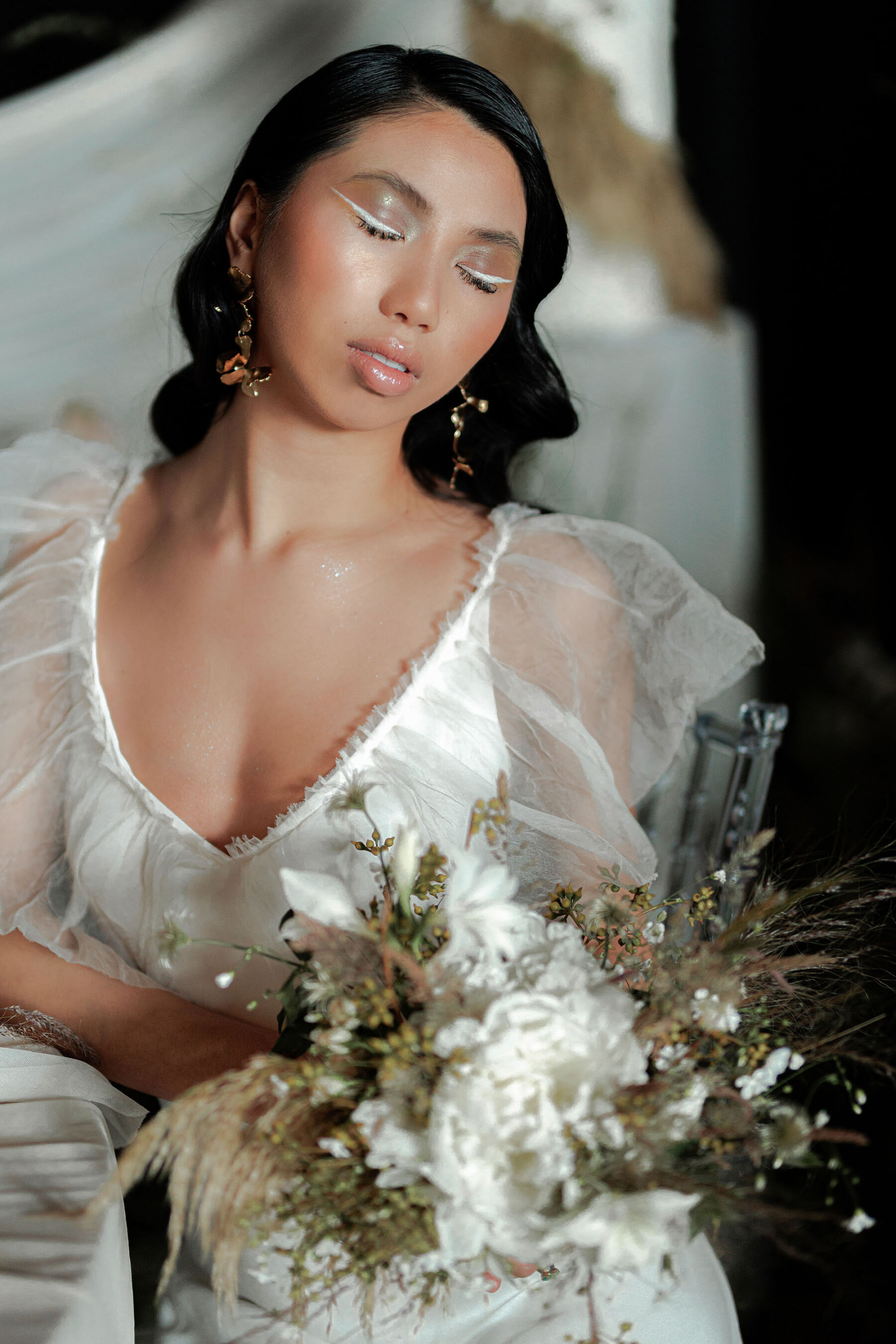 Modern marcel waves. Bridal hair. White eye shadow. A La Robe wedding dress.