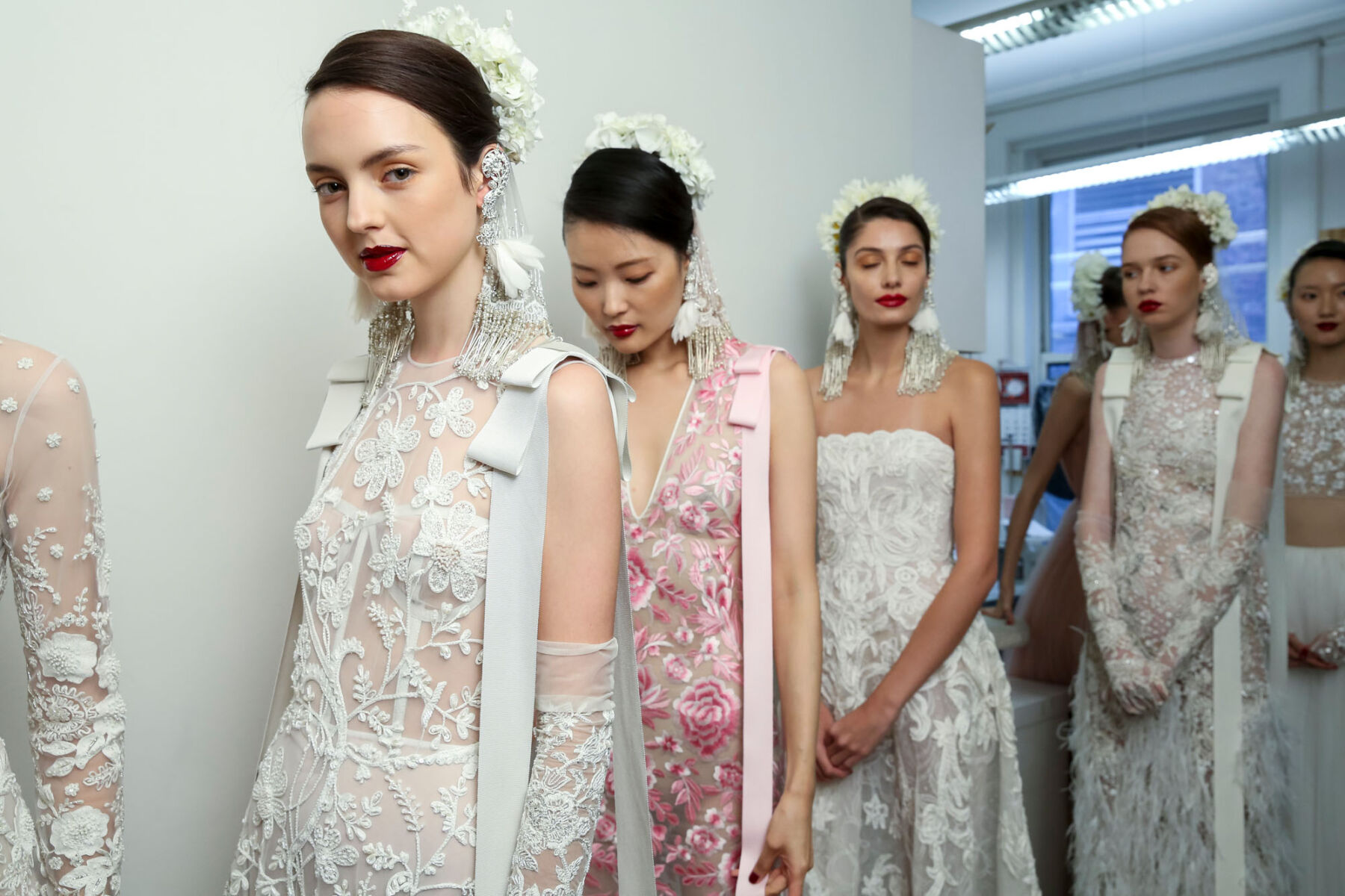 Naeem Khan wedding dresses - backstage at Naeem Khan bridal runway show.