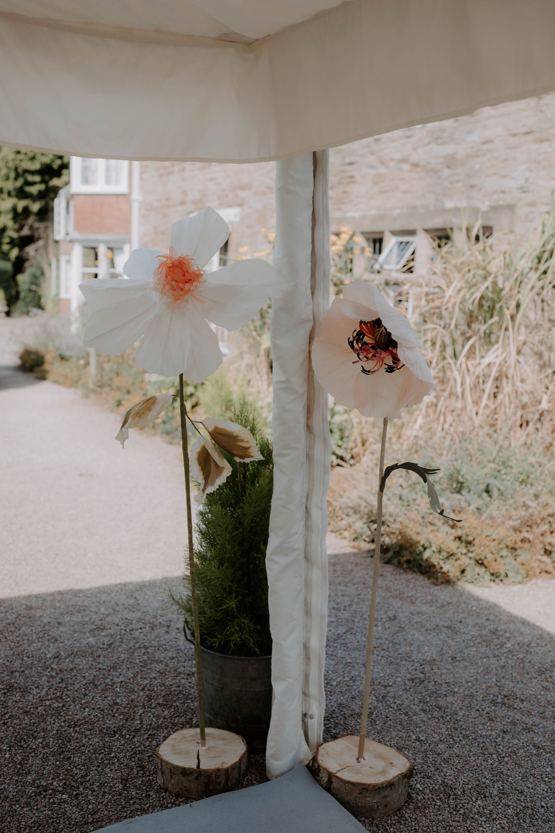 Giant paper flowers, Broadfield wedding venue, Herefordshire