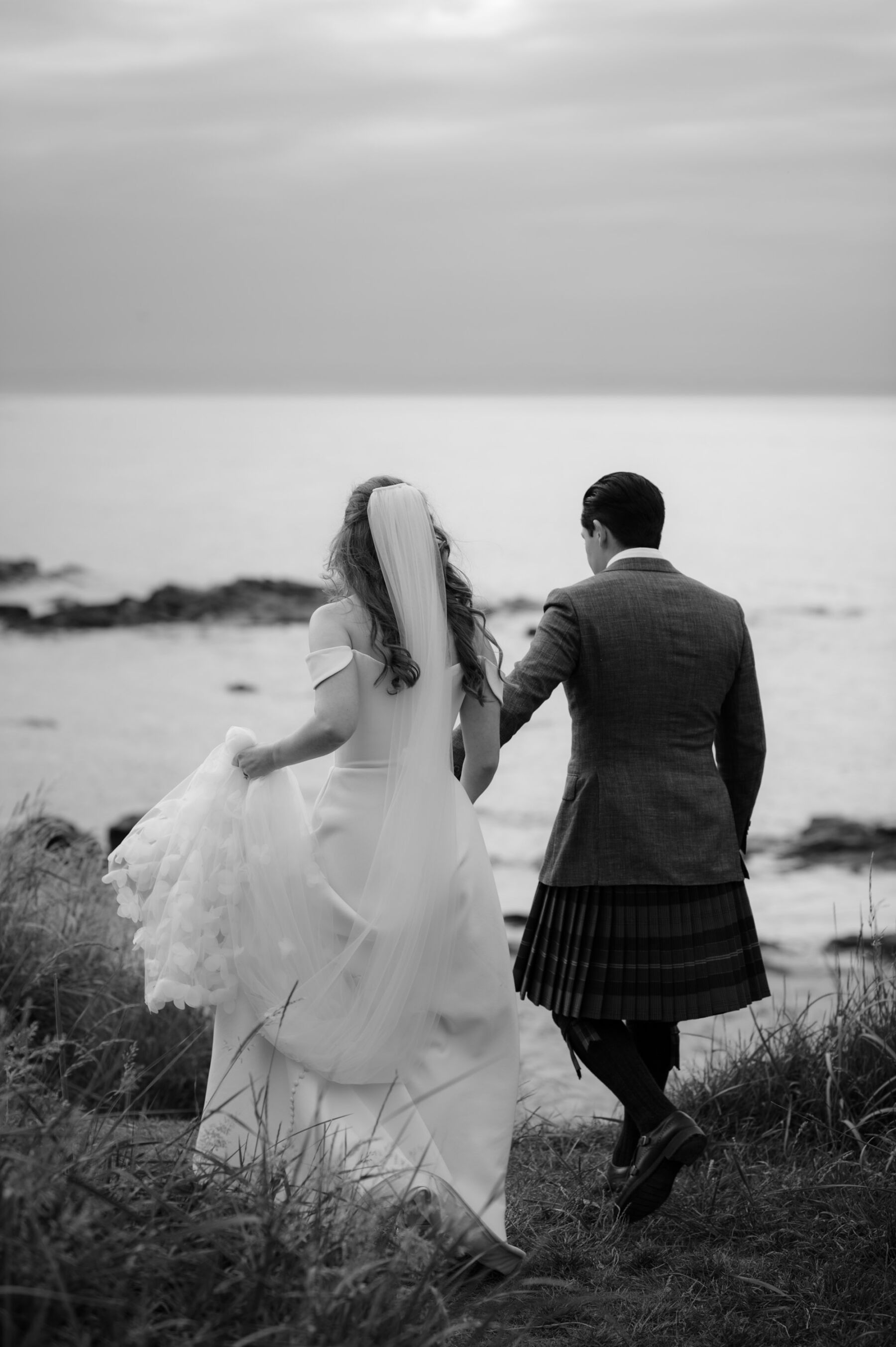 Black and white shot of bride and groom