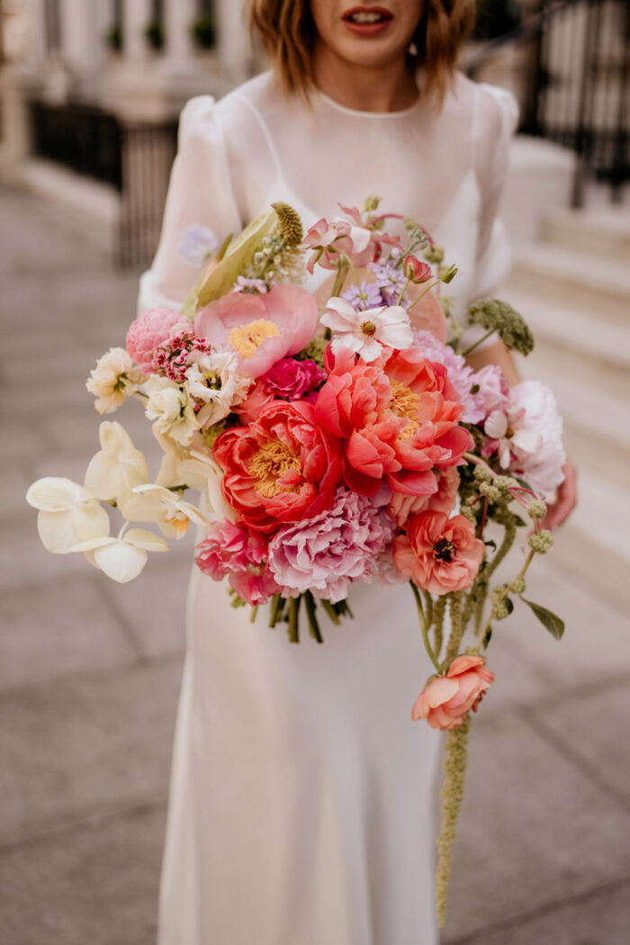 Large coral, colourful wedding bouquet