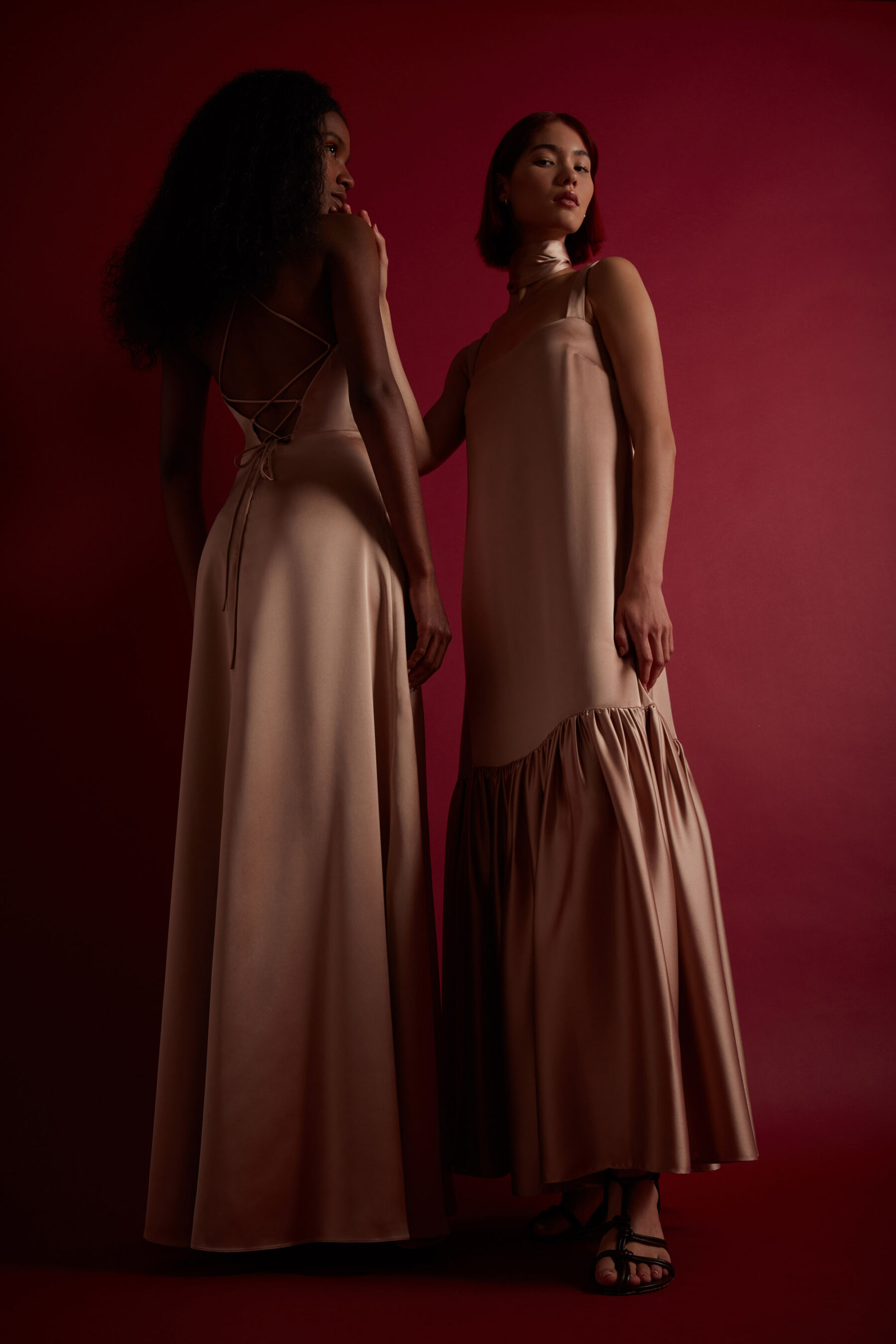 Long pink modern bridesmaids dresses by Halfpenny London