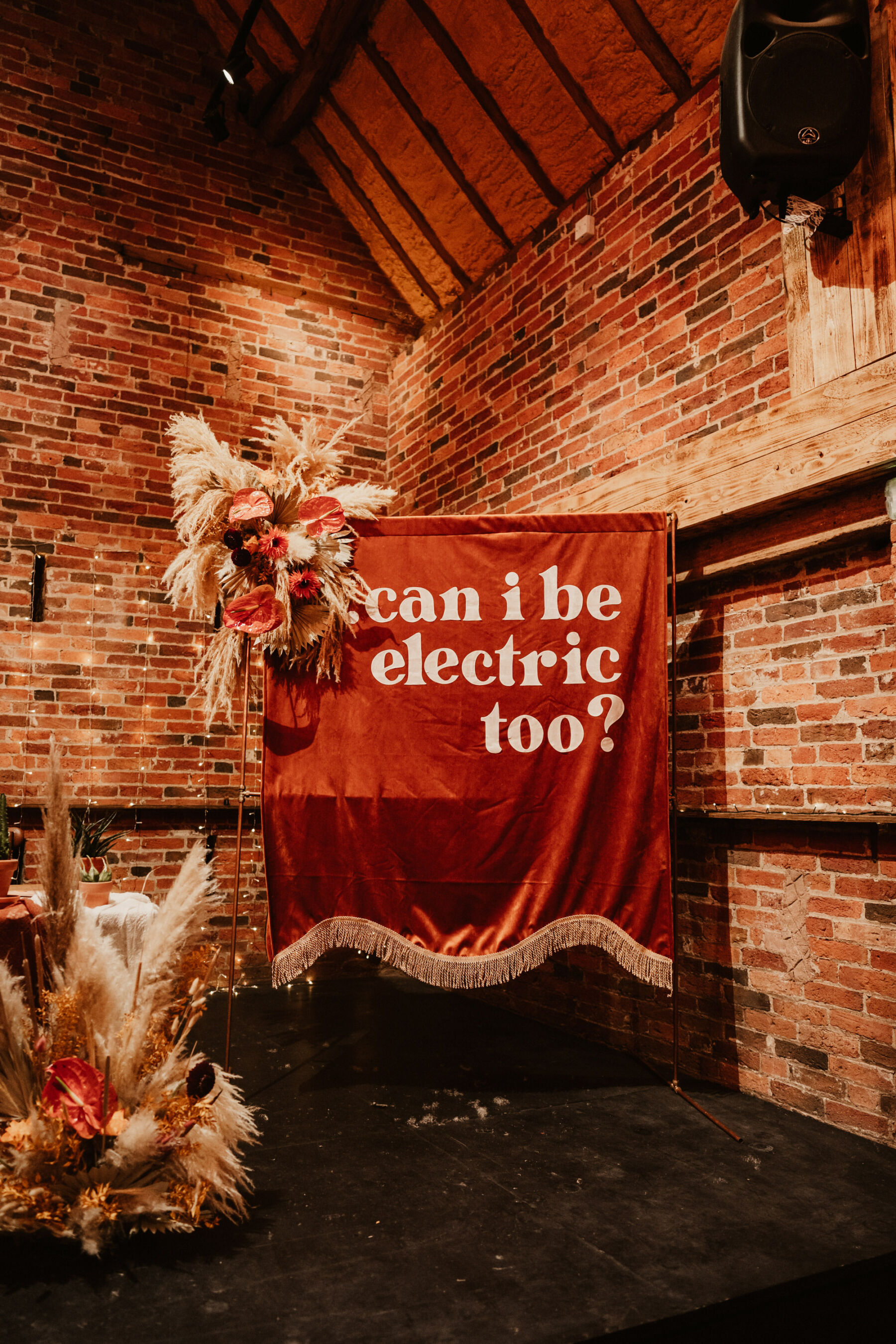 If she is electric, can I be electric too - wedding banner with tassels. Bohemian wedding ceremony backdrop. 