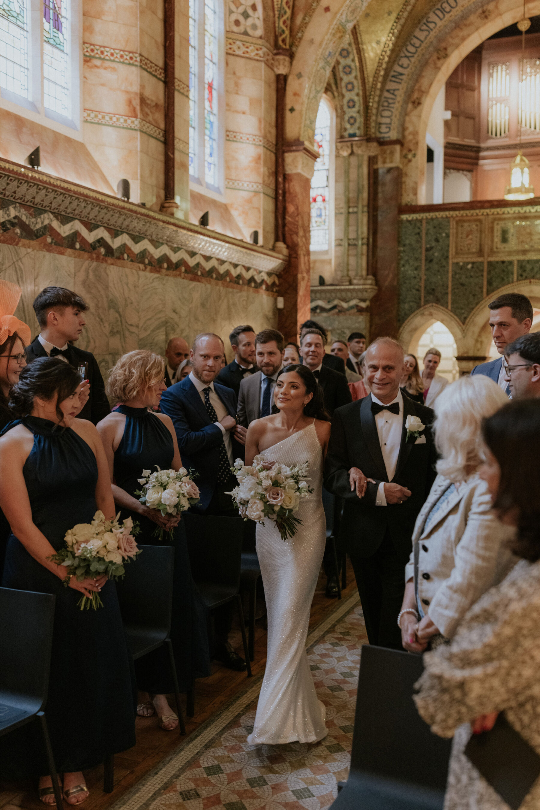 Fitzrovia Chapel wedding, Bride in sequin Jenny Yoo wedding dress.