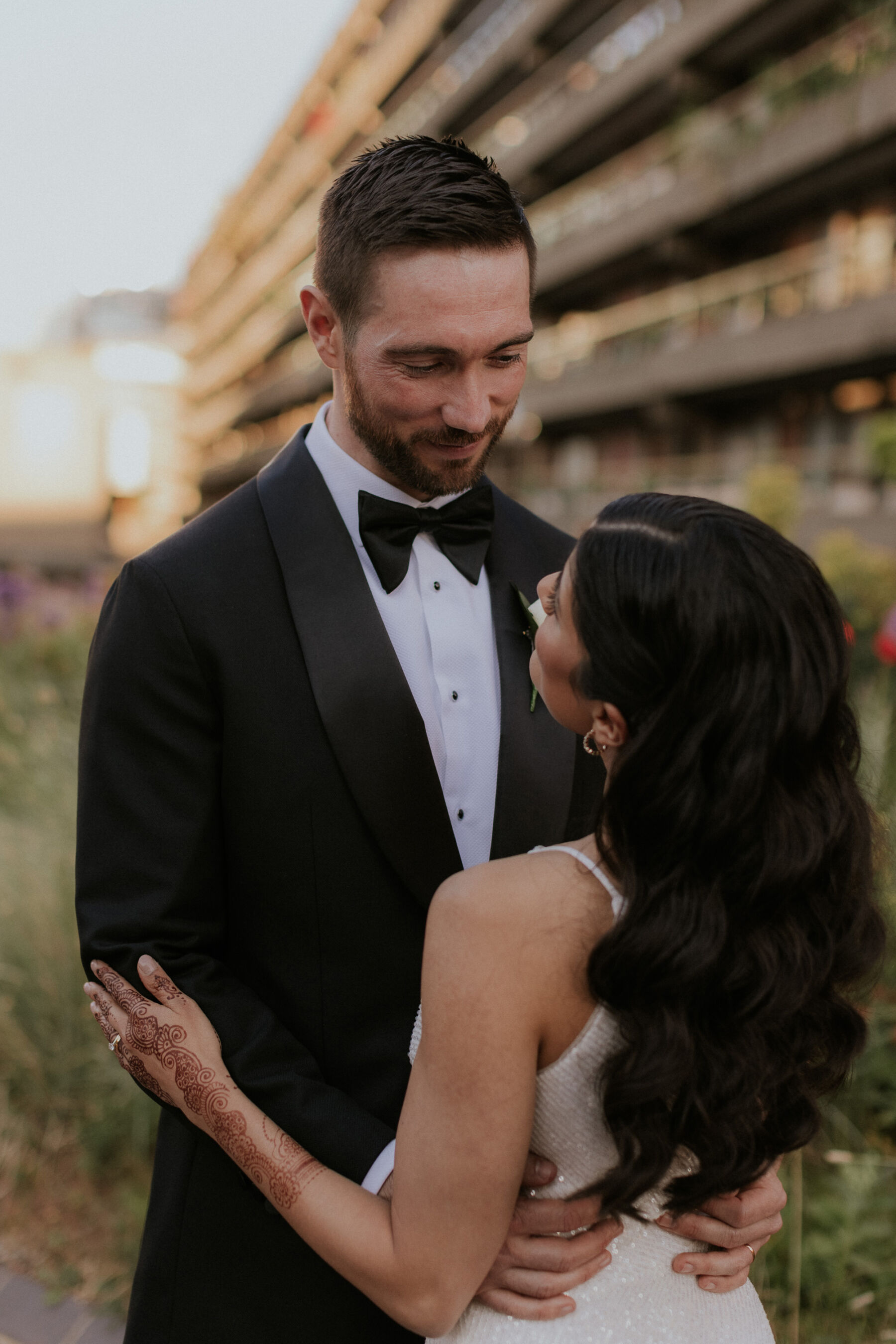 Bride in sequin Jenny Yoo wedding dress