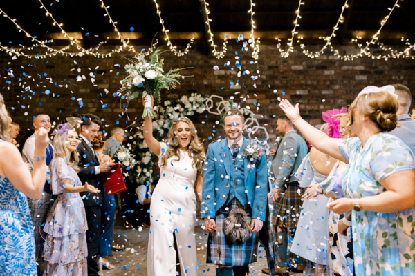 Louise in Sarah Seven for her Industrial Backdrop Wedding at Glasgow’s The Engine Works
