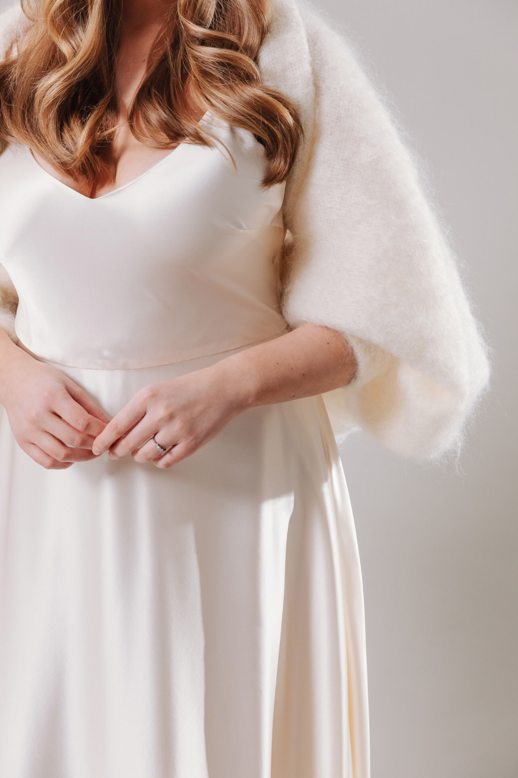 Kate Beaumont curvy bride wedding dress & wool shrug.
