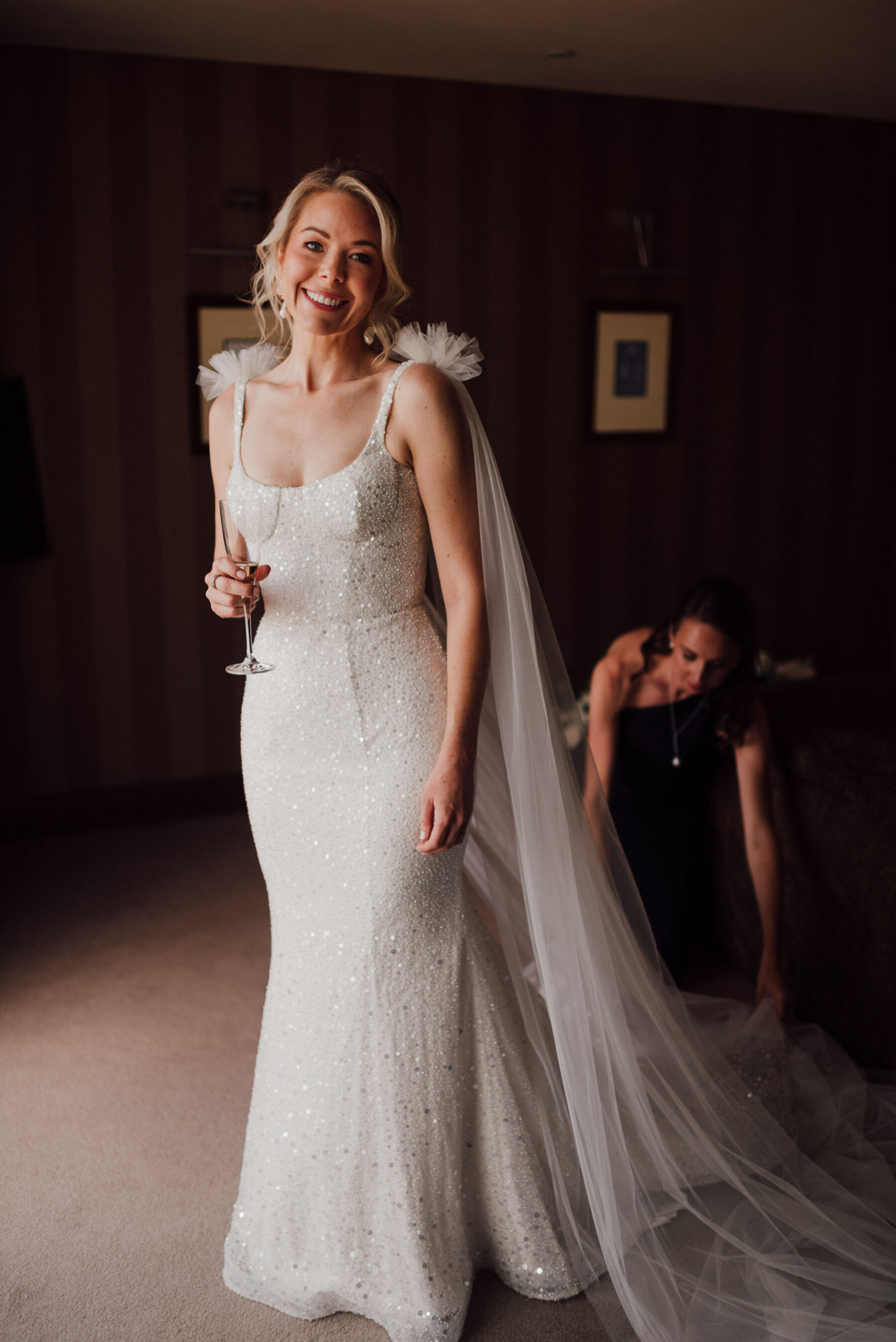 Kyha Studios sequin wedding dress & tulle wings bridal cape