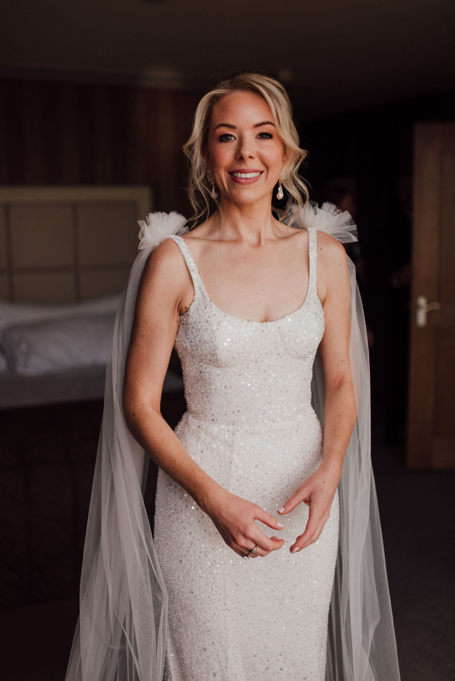 Kyha Studios sequin wedding dress & tulle wings bridal cape