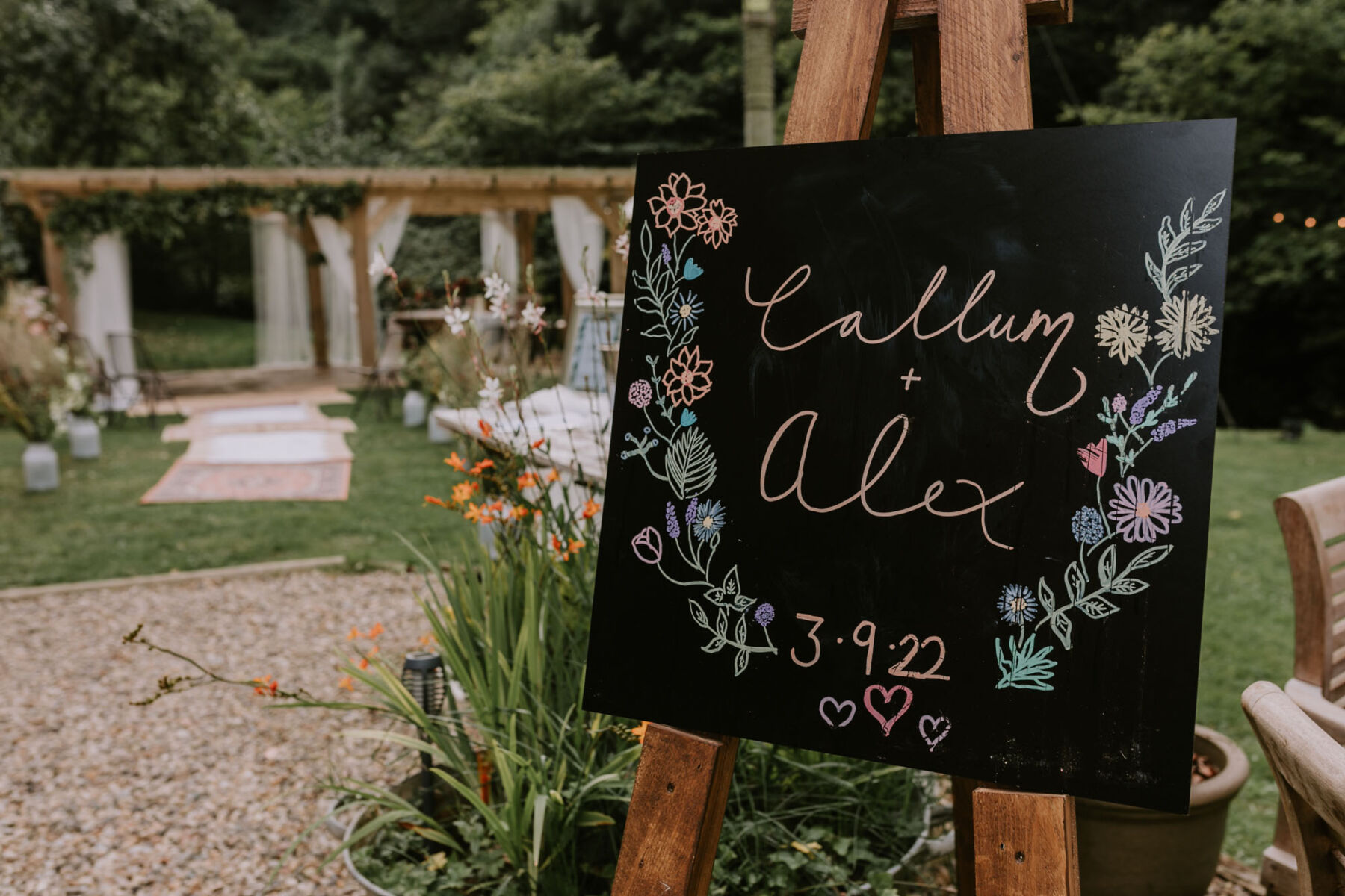 Wedding blackboard welcome sign at Larpool Mill, Whitby wedding venue.