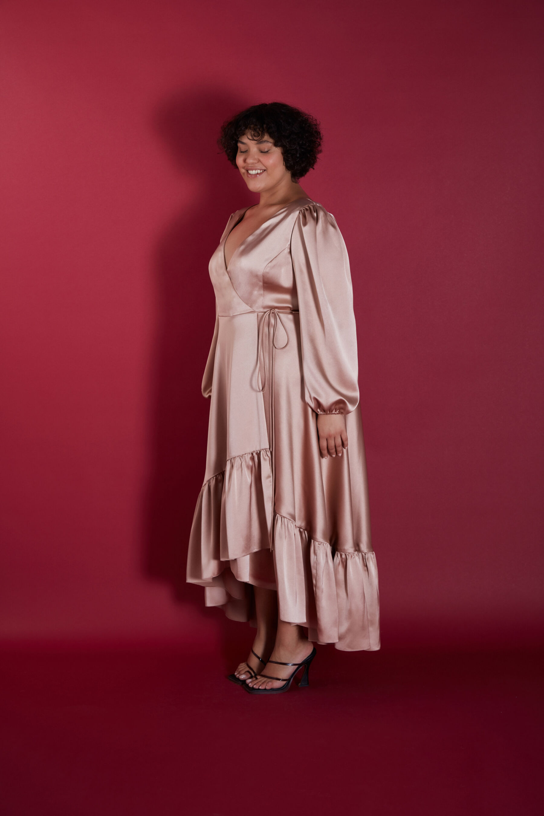 Penelope bridesmaids wrap dress by Halfpenny London SISTER in rose gold.