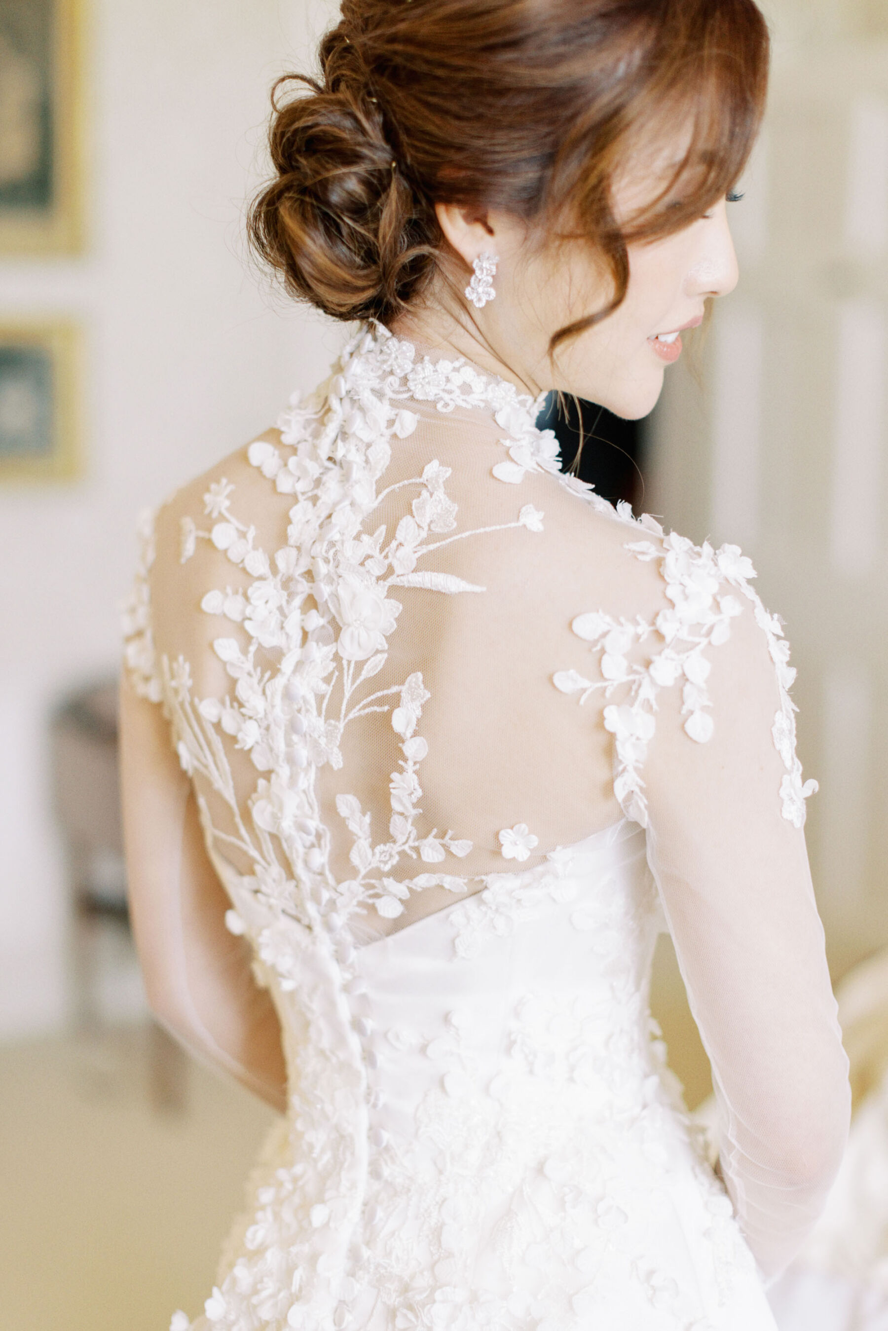 Chinese bride in couture bridal gown with floral lace by Sally Bean Couture