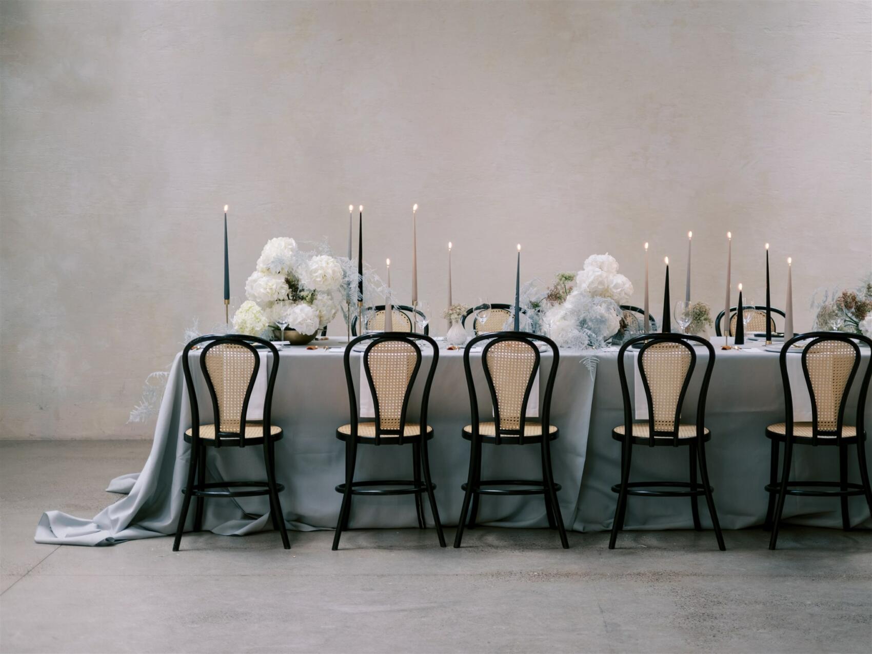 Pale dove grey modern wedding table decor by South Event Specialists. London & South UK modern wedding planners.