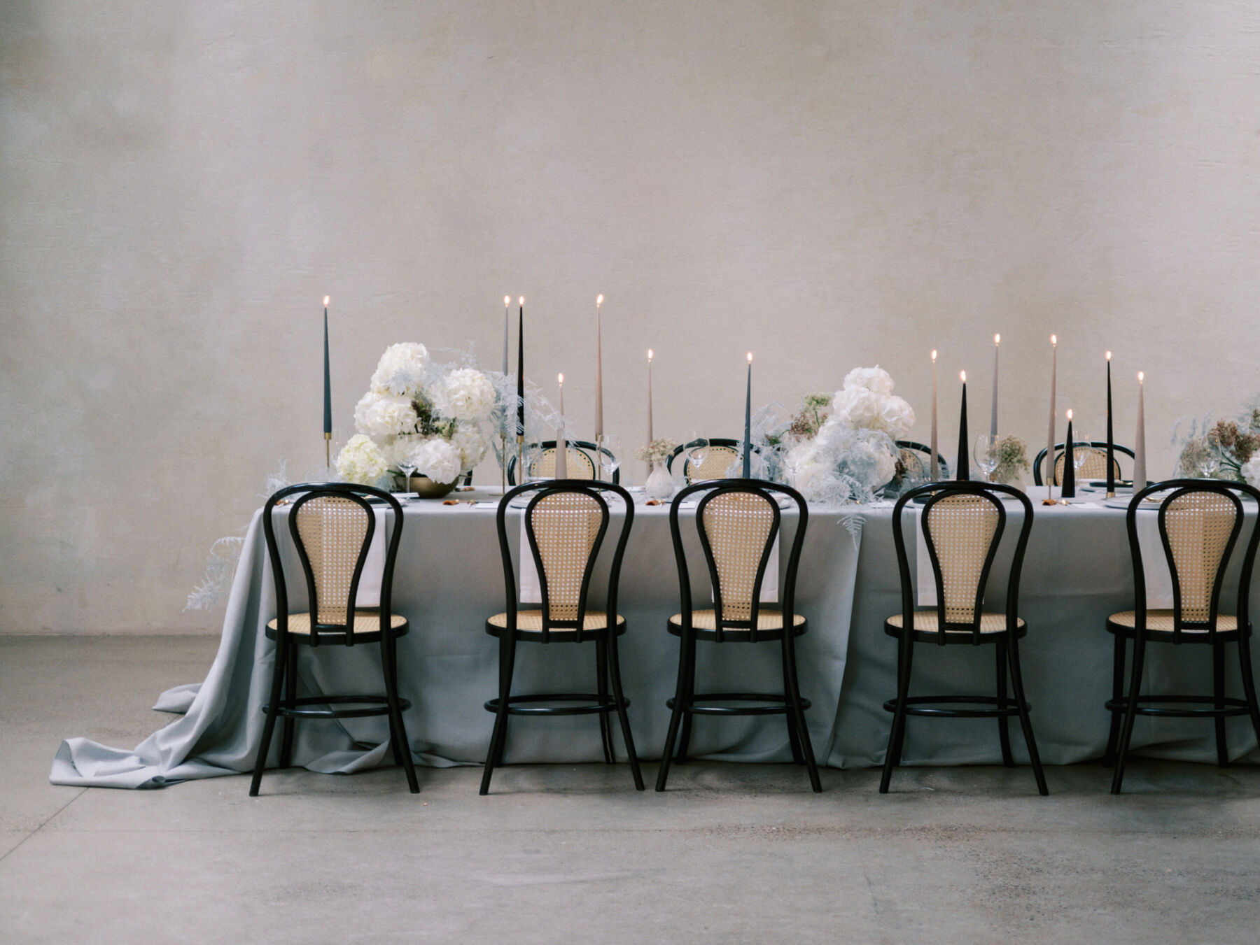 Chic, modern wedding table decor in pale blues, dove grey. Ester & Erik tapered candles.