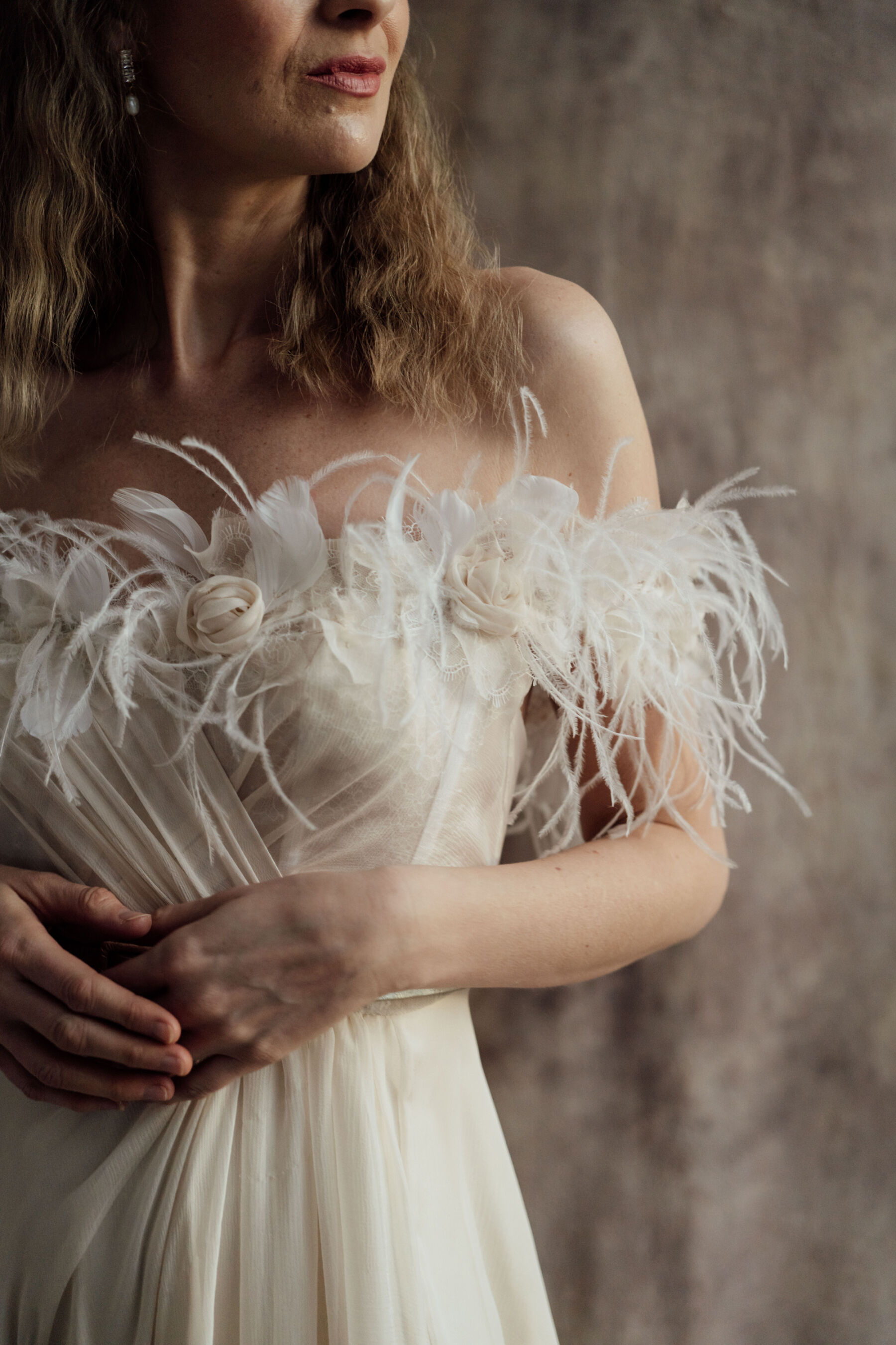 Wilden London wedding dress with ostrich feathers.