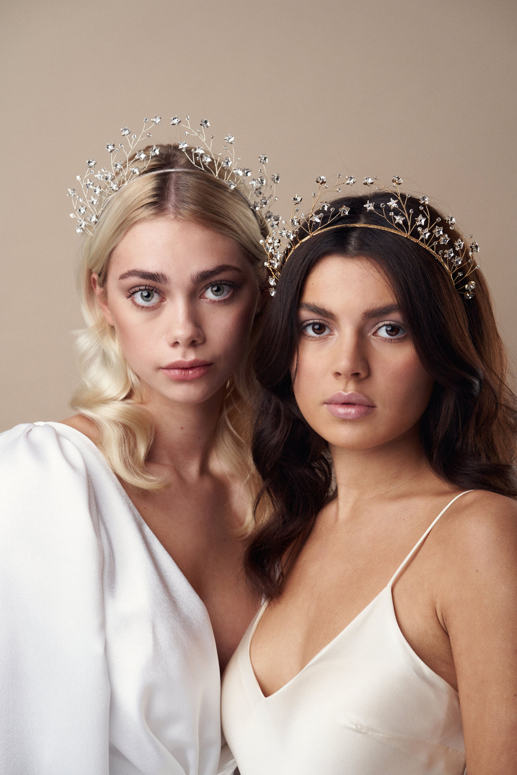 Adjustable height star crystal crowns in silver and gold options for a celestial wedding by Debbie Carlisle