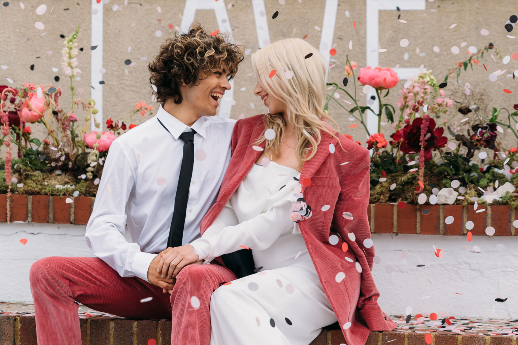 Groom in red, Bride wears Bon Bride. Joanna Bongard Photography.