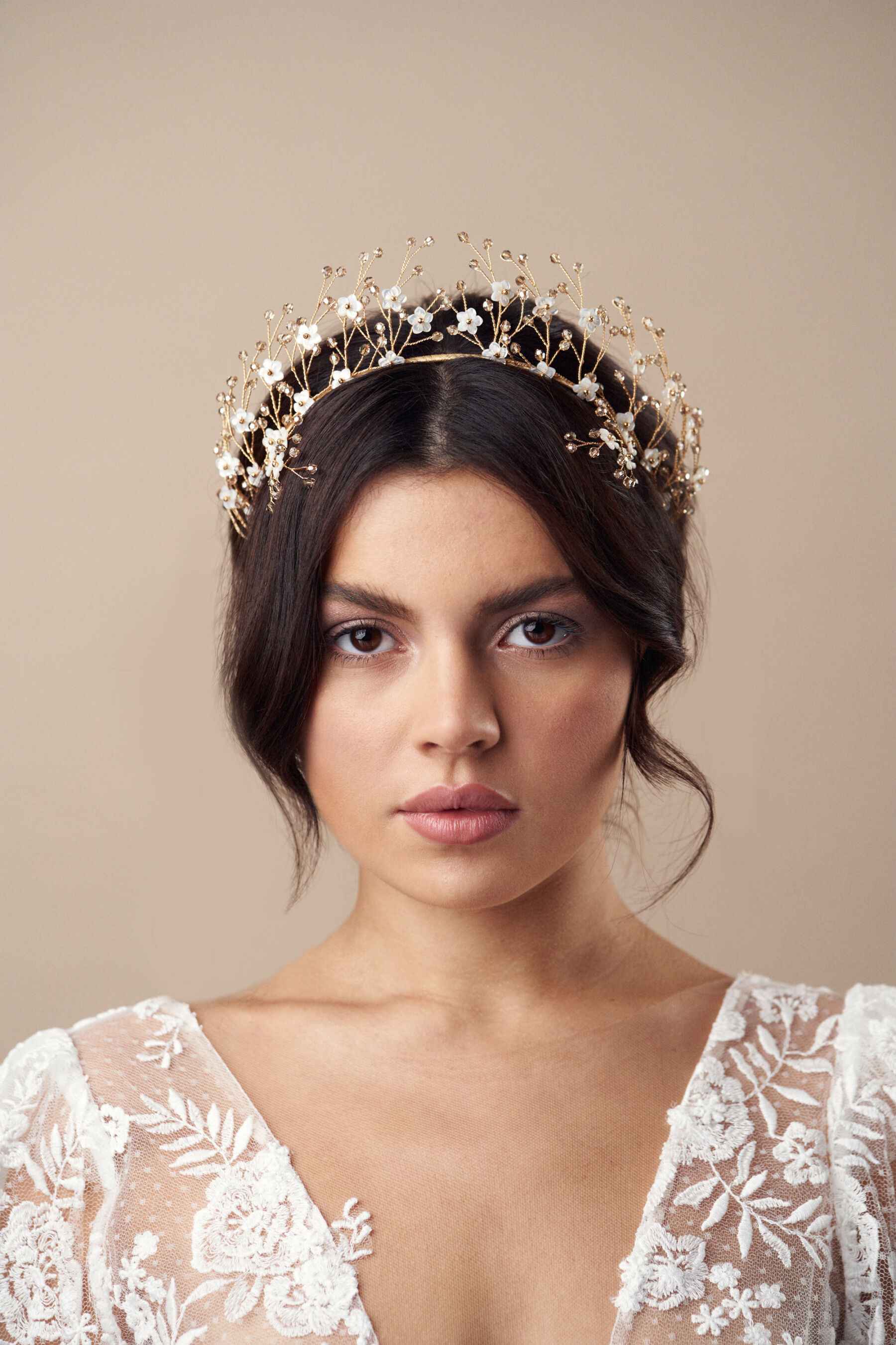 Gold flower wedding crown with matching hairpins by Debbie Carlisle