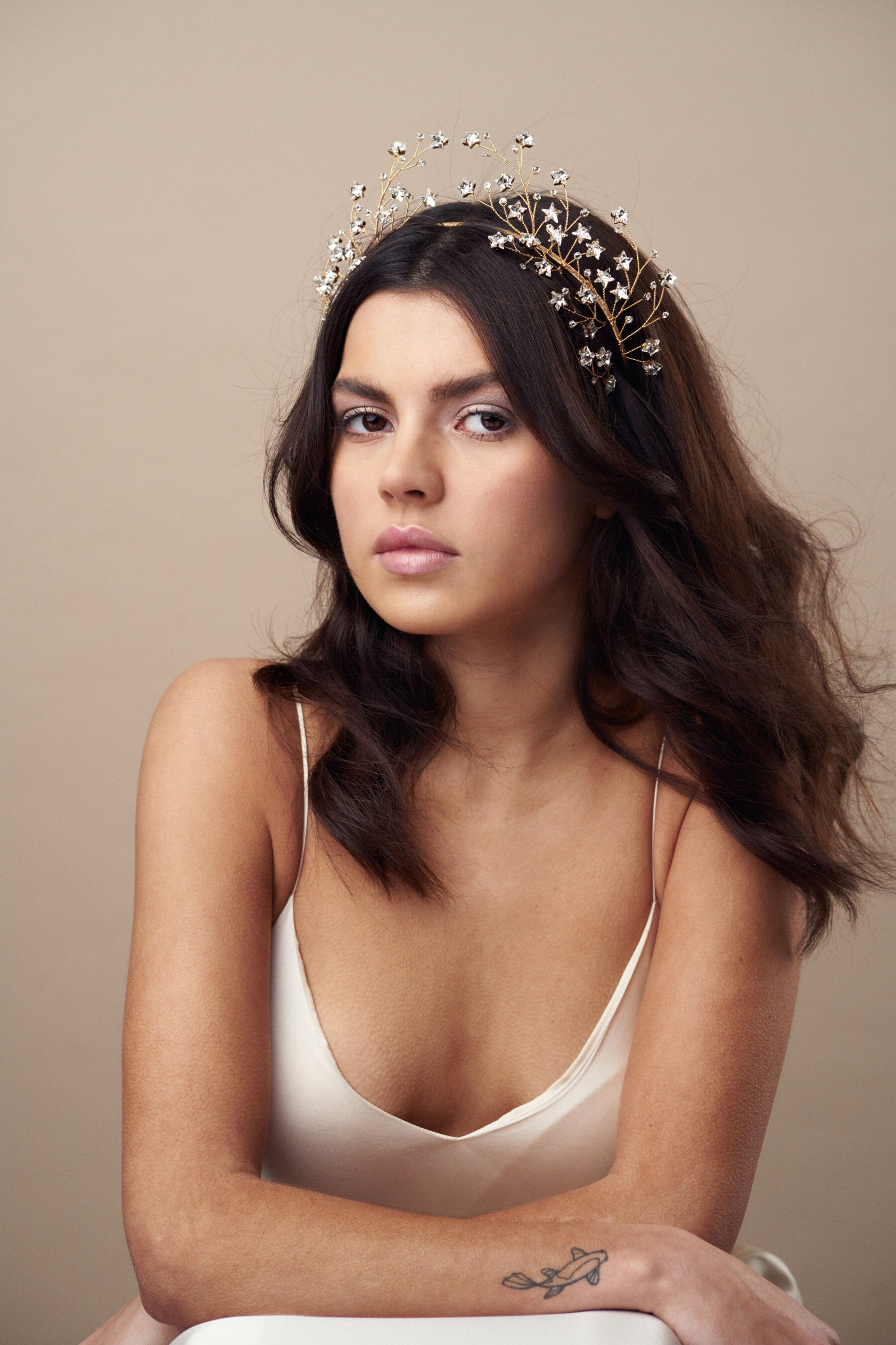 Gold star crystal crown with matching Lunaria hairpins for a celestial wedding by Debbie Carlisle Starlet 5