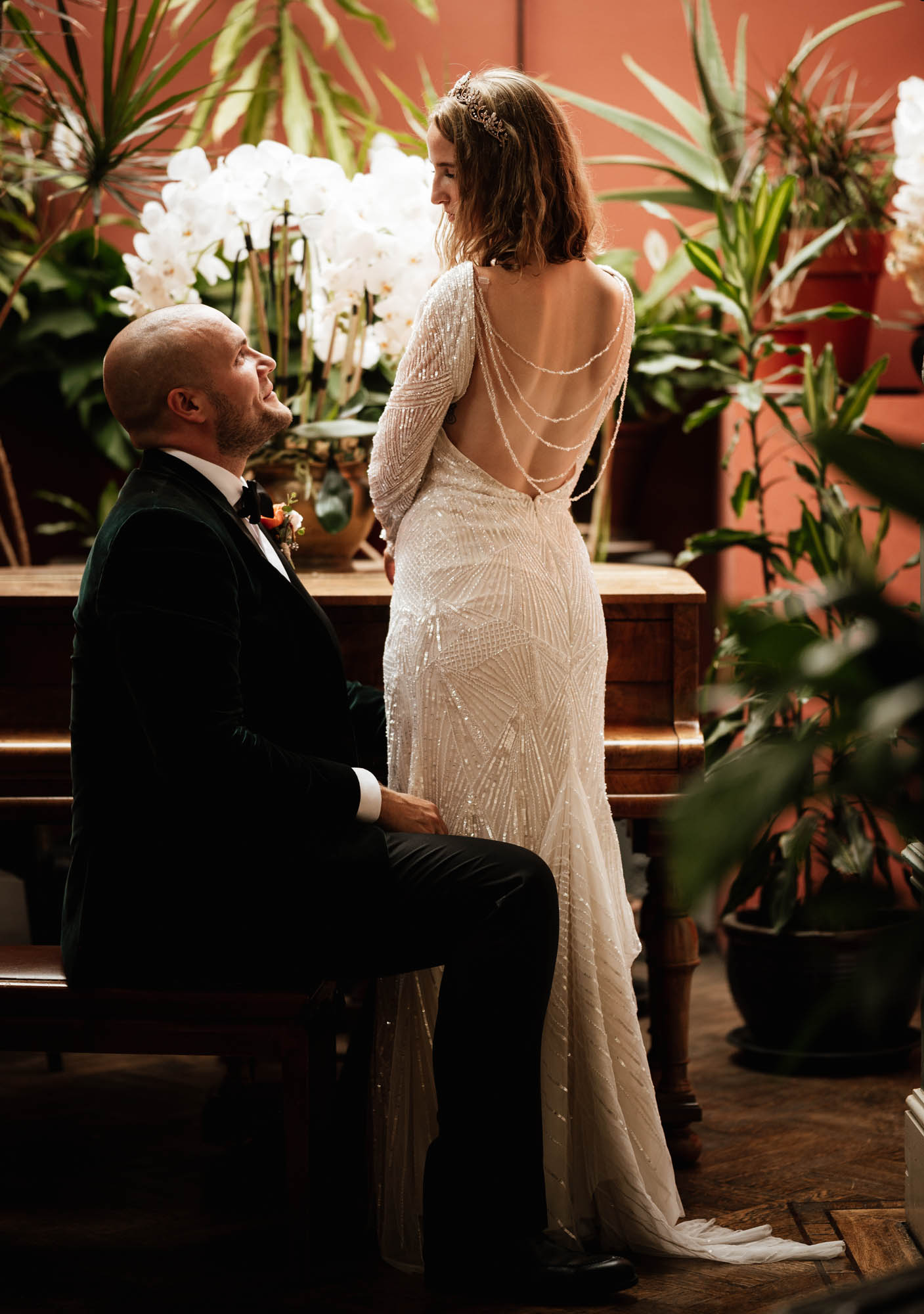Eliza Jane Howell glamorous old Hollywood glamour backless wedding dress. Robin Goodlad Photography.