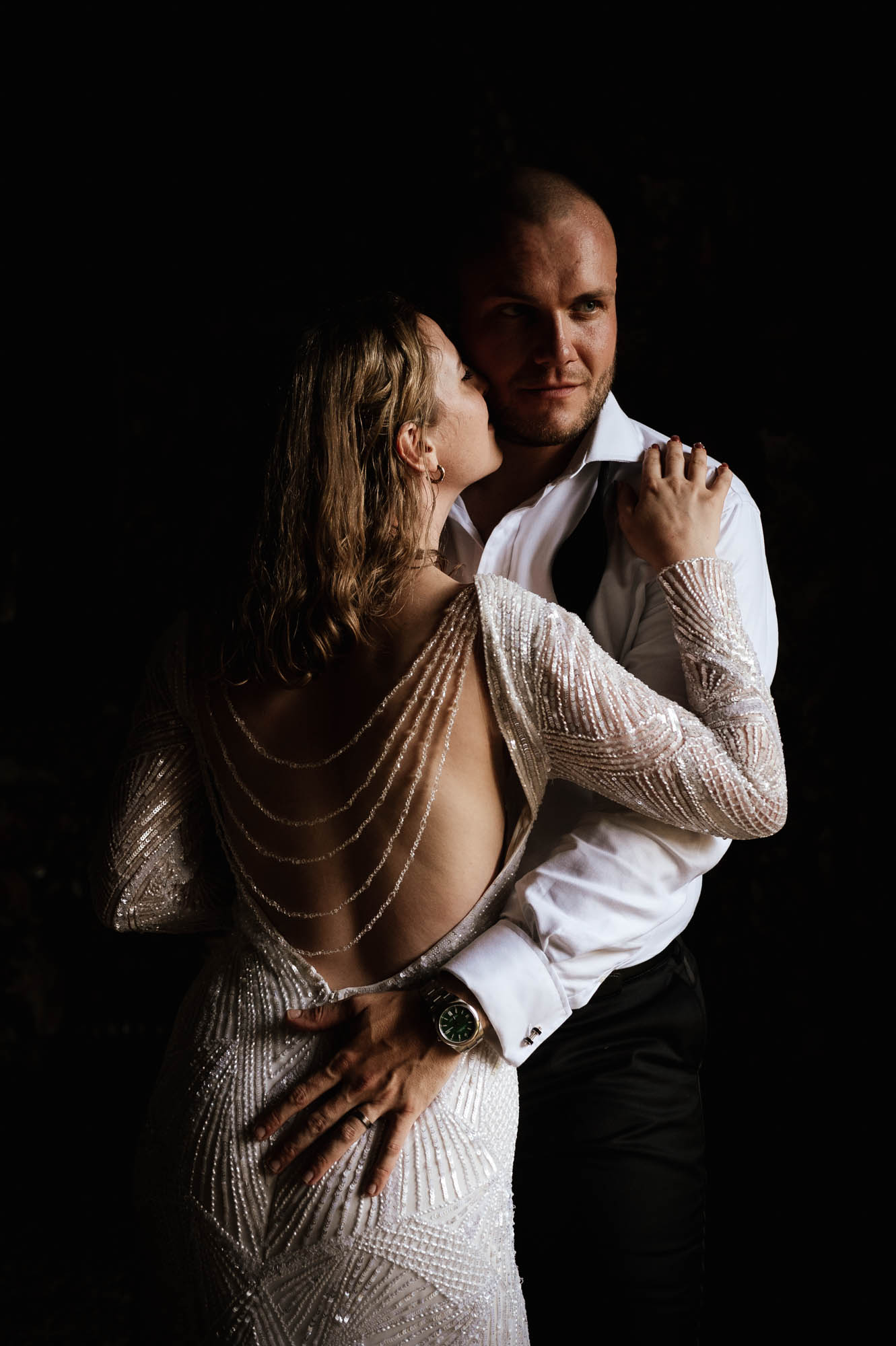 Eliza Jane Howell backless sequin wedding dress with back chains. Robin Goodlad Photography.