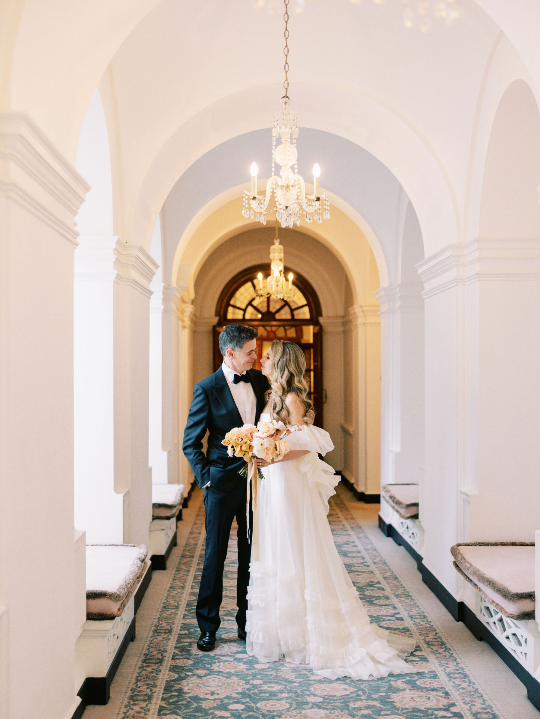 Elegant modern bride and groom at The Ned, London. Kernwell Photography.