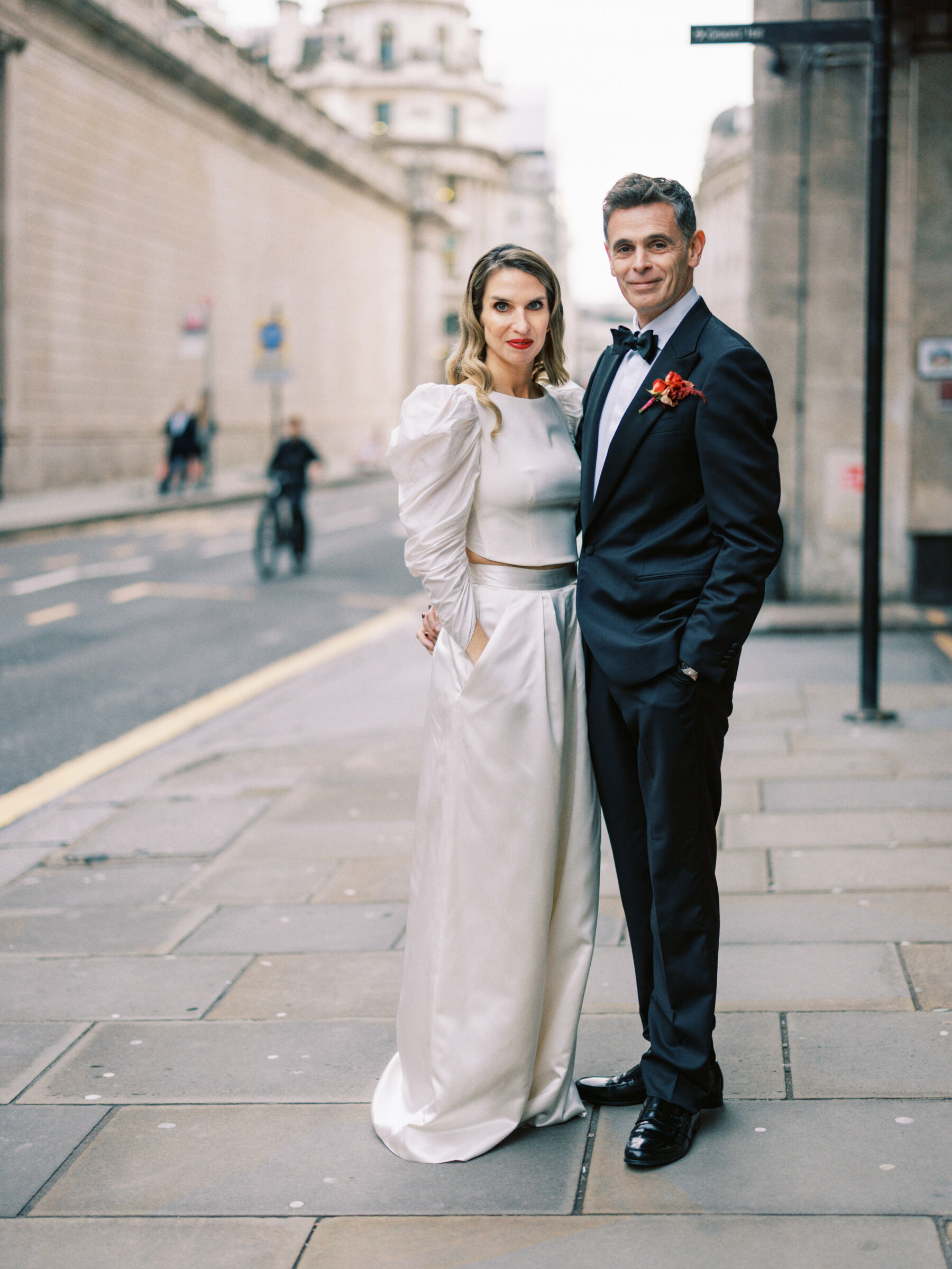 Halfpenny London puff sleeved top & wide leg bridal trousers. Kernwell Photography.