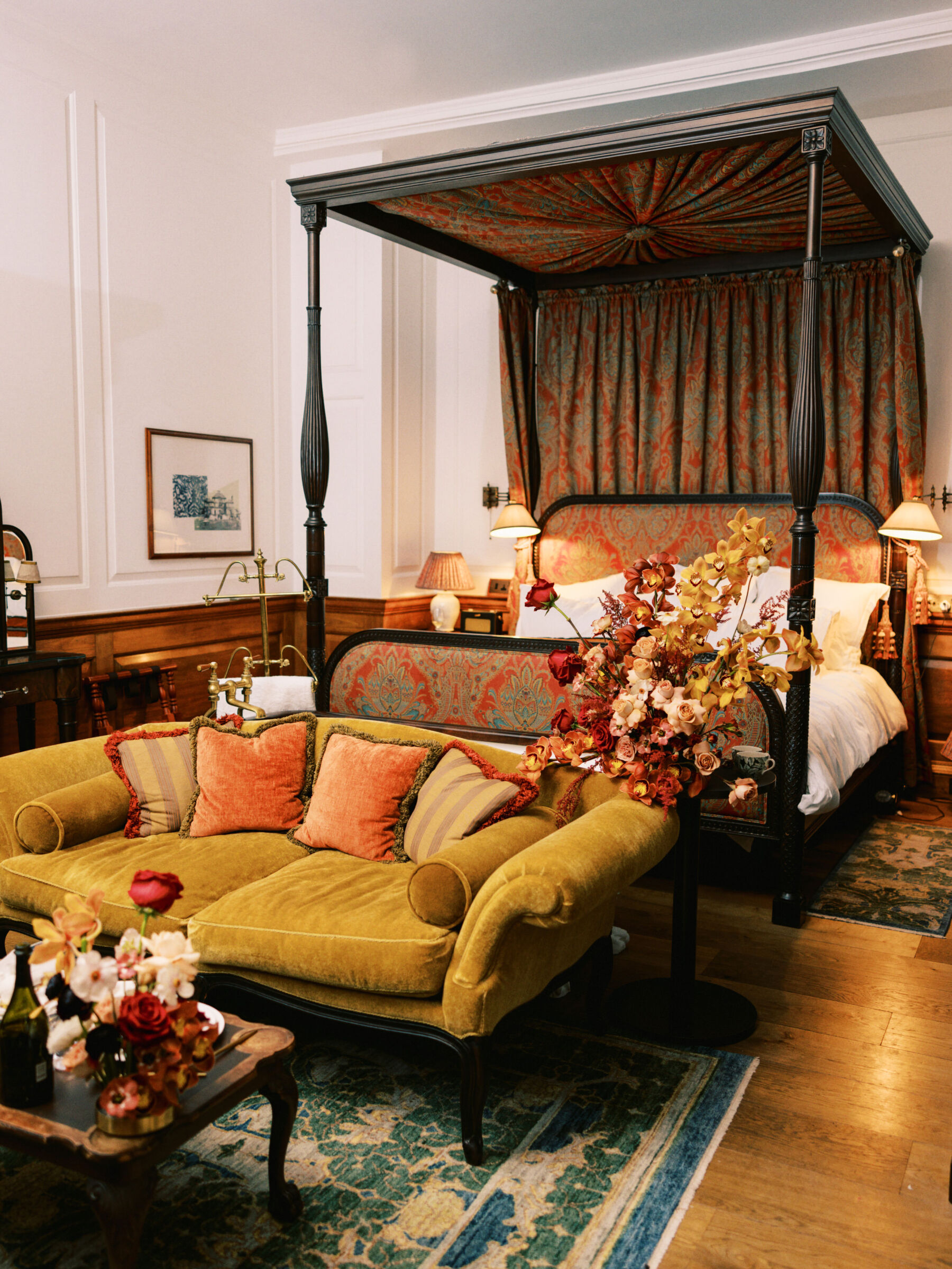 Luxury bedroom inside The Ned, London.