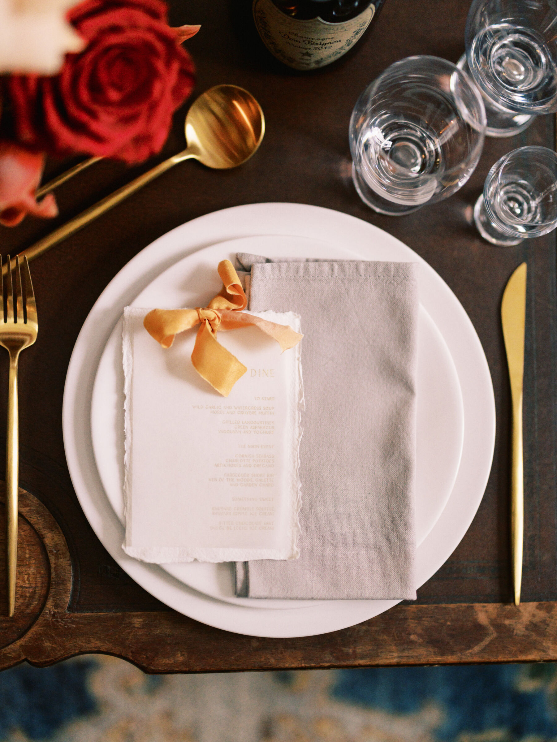 Halfpenny London Glamour at The Ned Hotel, Inspired by Peter Lindbergh and Dior 42 Elegant modern wedding stationery by Ink & Paper London with peach ribbon. Kernwell Photography.