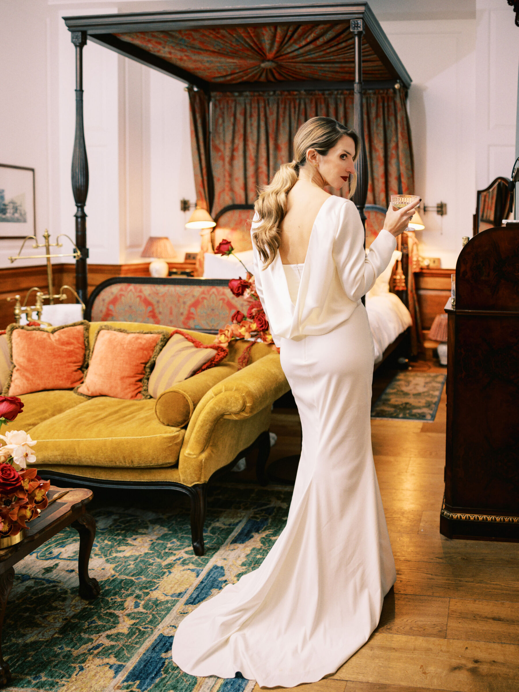 Halfpenny London cowl back wedding dress. Kernwell Photography.
