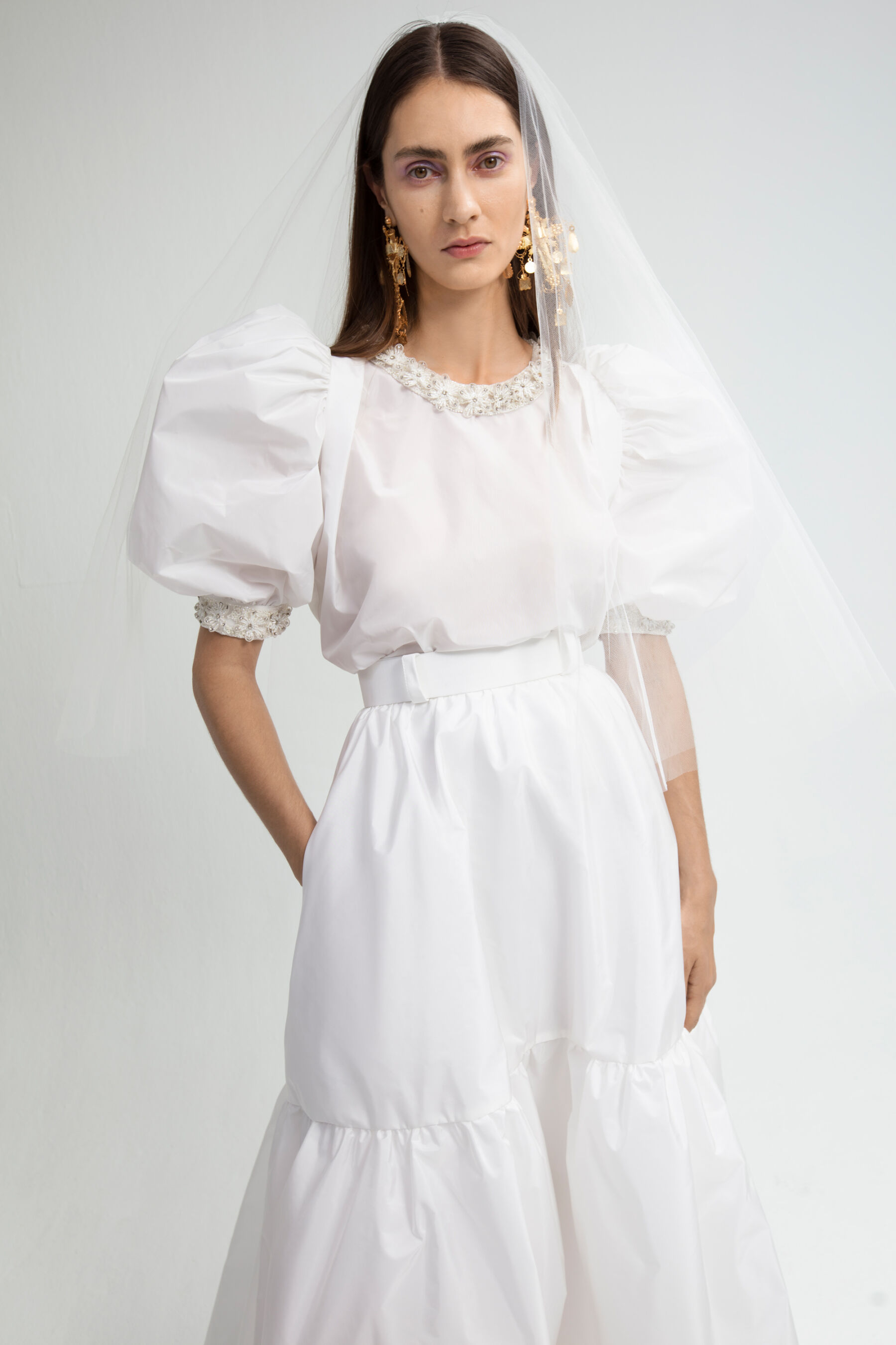 Yolan Cris modern wedding dress. Available at the Miss Bush pop up sample sale, April 2023.