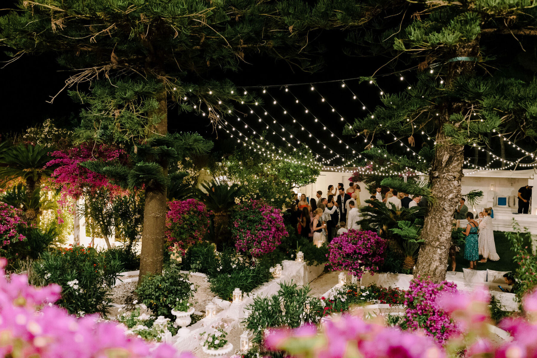 Canopy of lights at an Italian villa wedding.