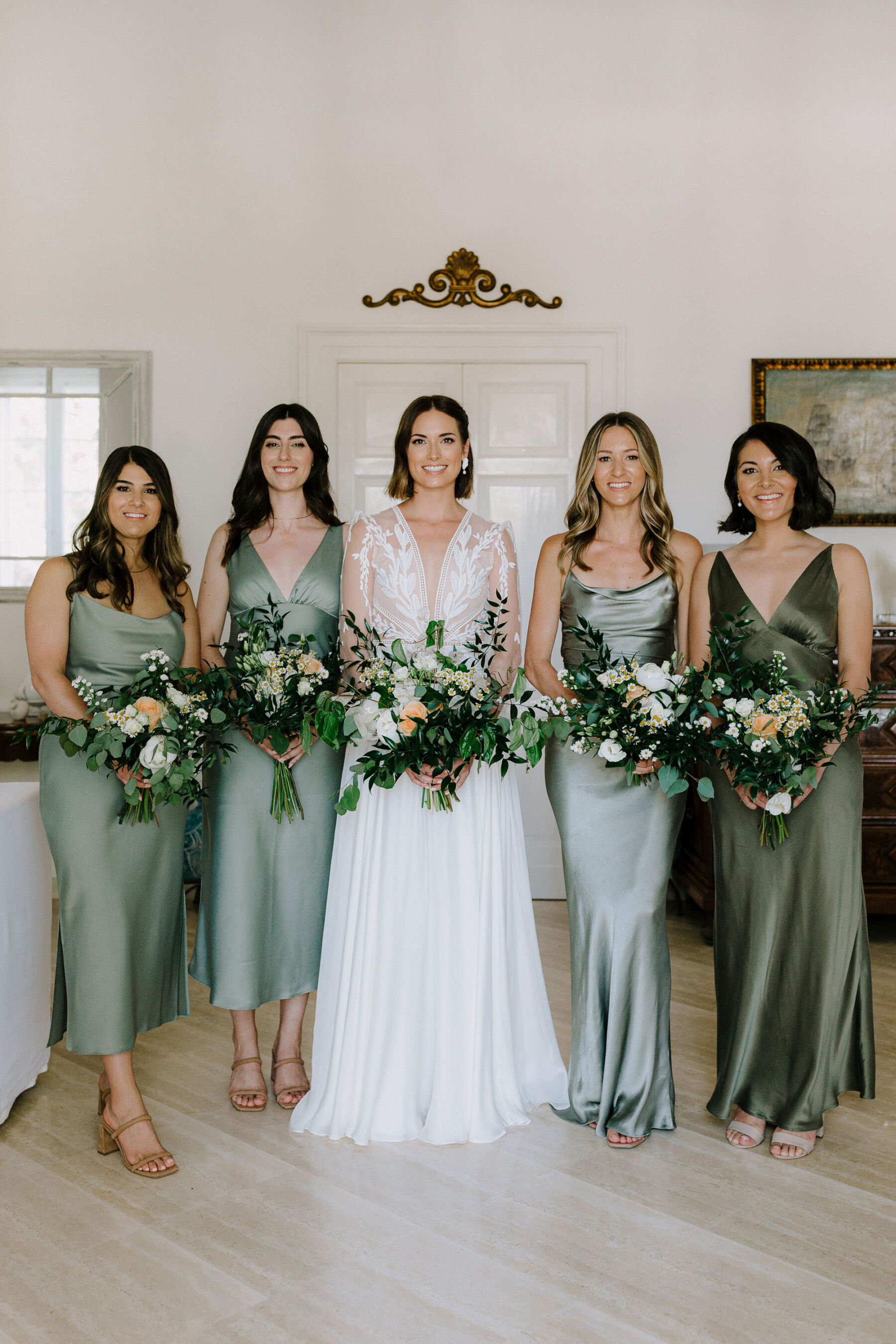 Bridesmaids in sage green. Bride in Margaux Tardits dress.