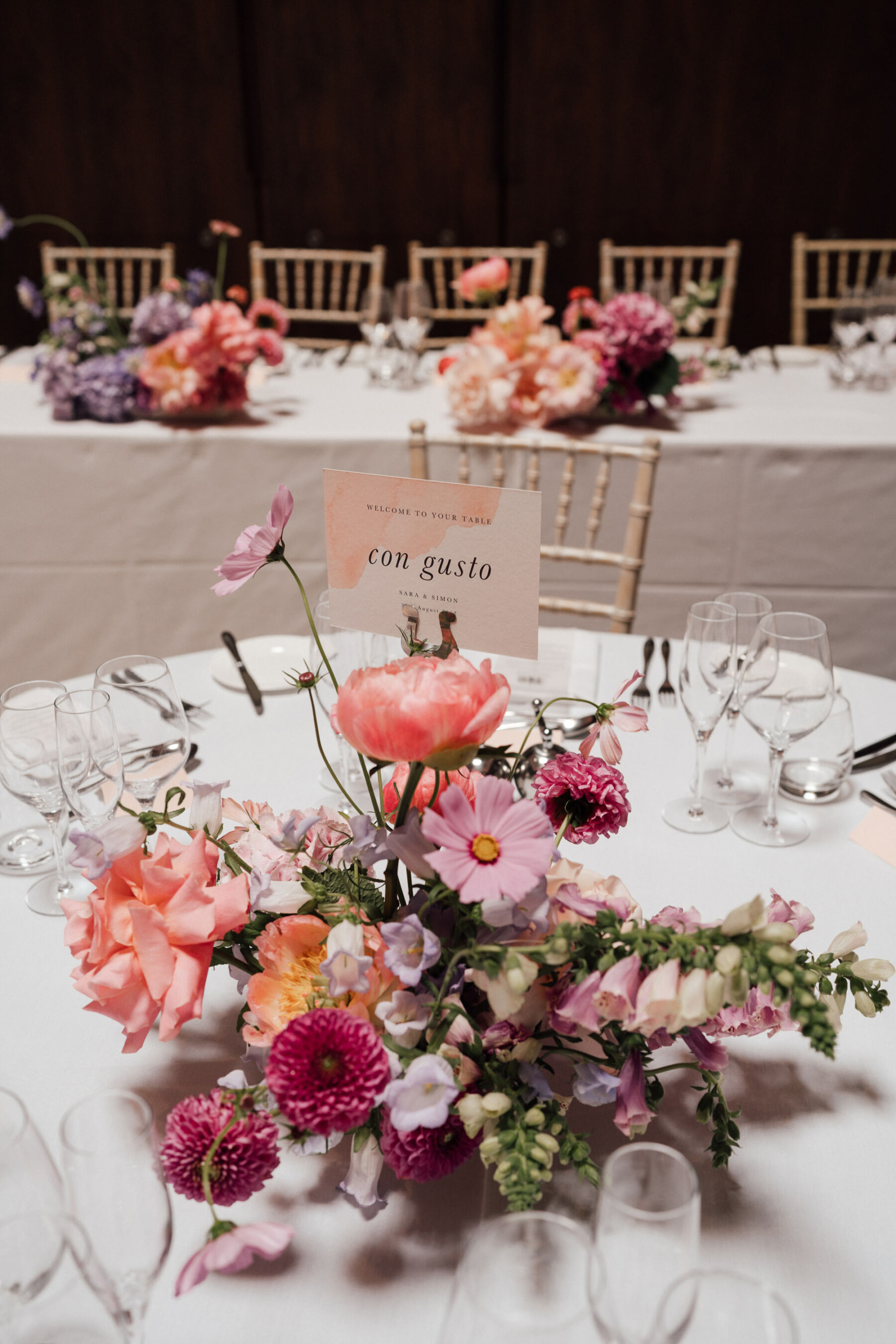 Pretty pink, lilac and coral wedding flowers by BUD Flora - wedding table centrepieces at RSA House. The Shannons Photography