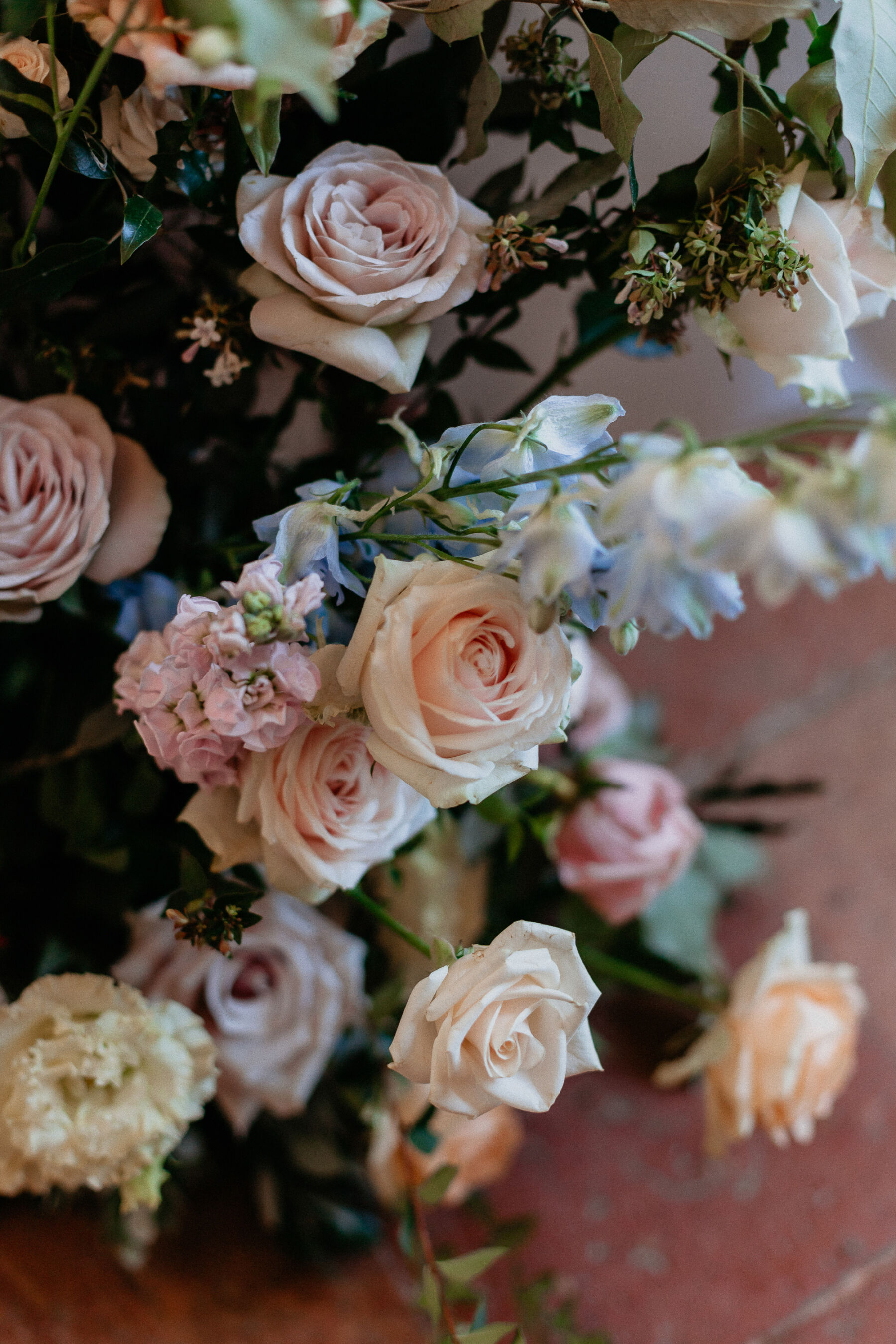 Romantic cream, peach and pale pastel wedding flowers.