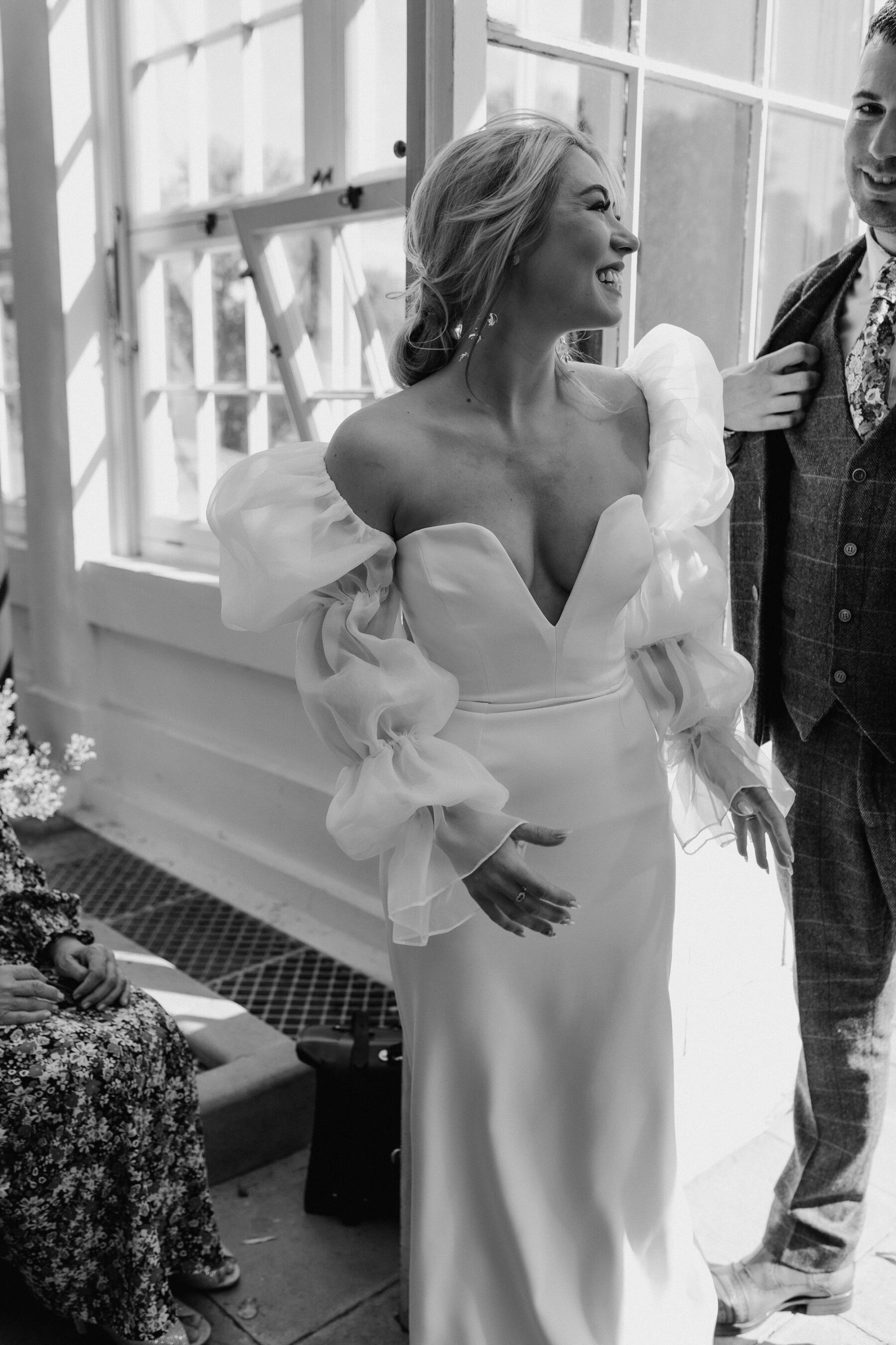 Nat, in Charlie Brear & Jesus Peiro for her Sheffield Botanical Gardens & Warehouse Party Wedding 2 Charlie Brear wedding dress with long detachable puff sleeves by Jesus Peiro
