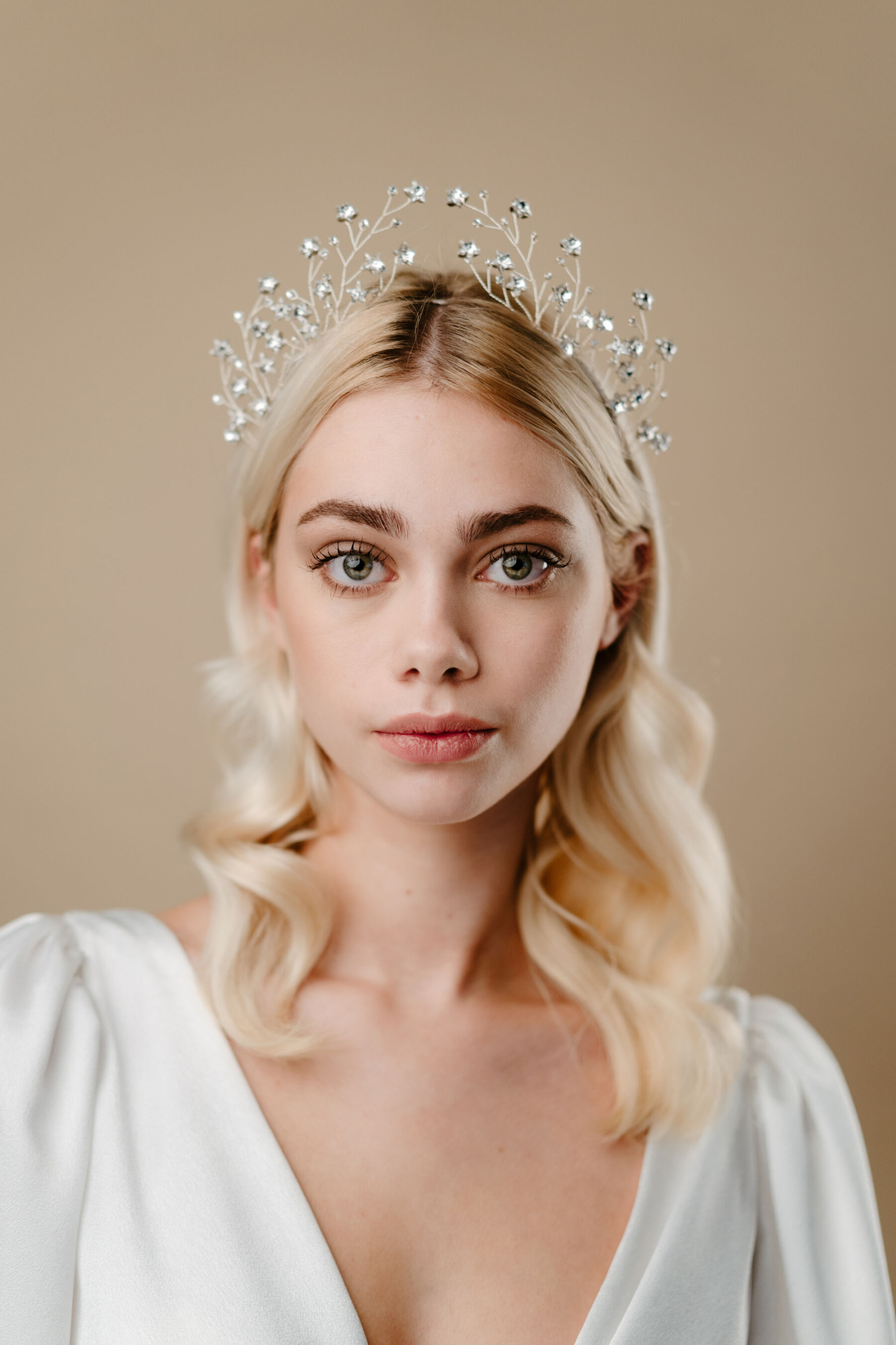 Silver star crystal crown for a celestial wedding by Debbie Carlisle Starlet