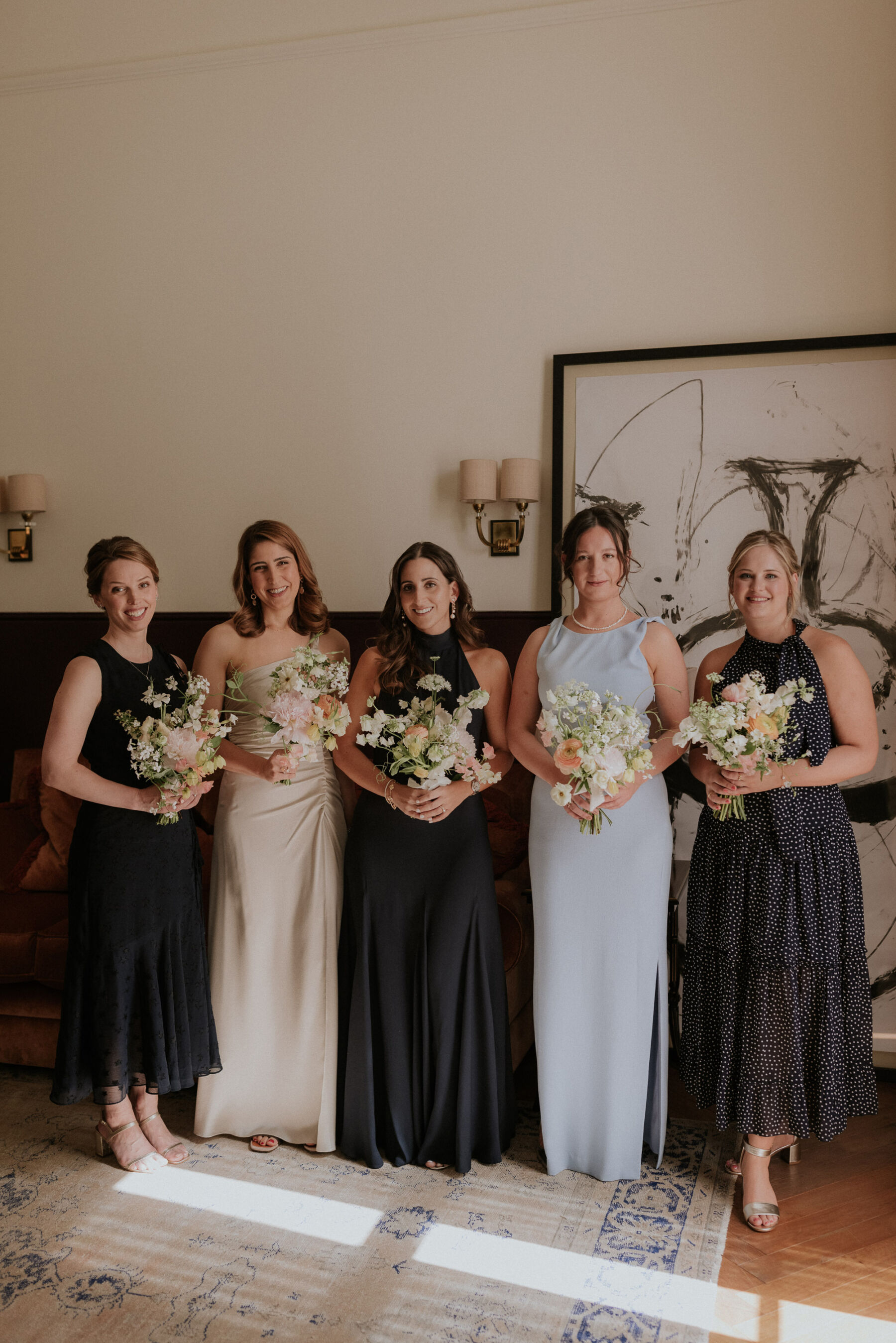 Bridesmaids in mismatched (own choice) dresses. Maja Tsolo Photography.